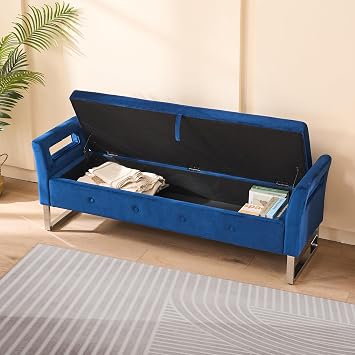 Storage Ottoman Bench, 67 Inch Wide Velvet Upholstered End of Bed Bench with Armrests, Modern Entryway Bedroom Bench with Storage for Living Room, Holds up to 275 lbs, Navy
