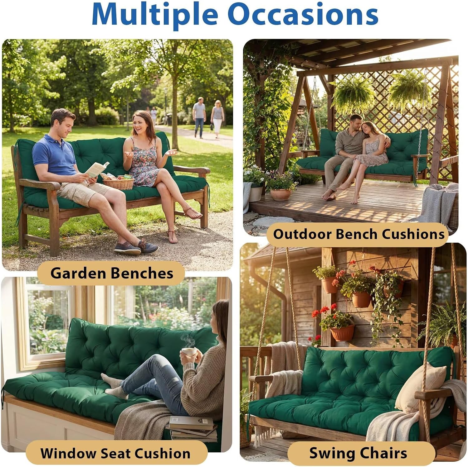 Waterproof Porch Swing Cushion Replacement, Thick 2–3 Seat Swing Seat Cushion with Backrest & Ties, Outdoor Bench Cushion for Patio Garden Porch Furniture (Dark Green, 60 x 40in)