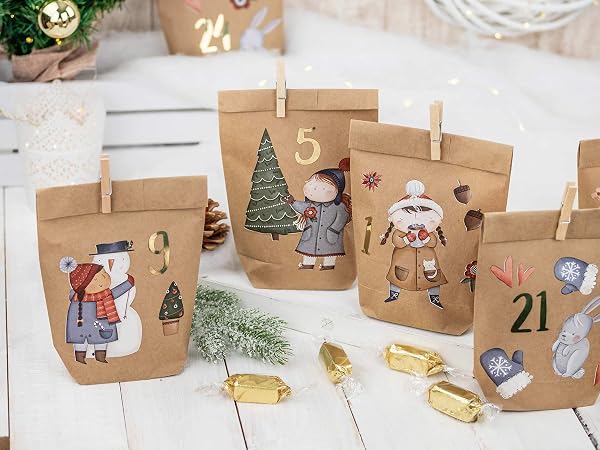PaPIerDraCHeN Calendario dell'avvento Fai da Te da riempire - Pattinatore di Ghiaccio da attaccare - con 24 Sacchetti di Carta Marrone e Grandi Adesivi per Bambini - Natale - 5