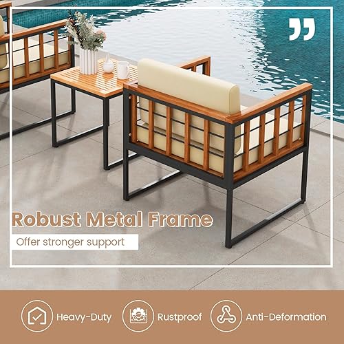 Miniatura 9 de Tangkula Juego de sillas de patio de 3 piezas, juego de sofá de madera de acacia para exteriores con soporte de metal, asiento suave y cojines de