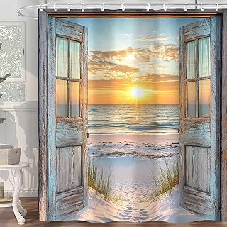 Beach Coastal Shower Curtain, Ocean Barn Door Nautical Sunrise Seaside Seascape Wave Decor Bath Curtains, Rustic Wood Teal Turquoise Bathroom Accessories Fabric Waterproof with Hooks, 72X72in - Buy now