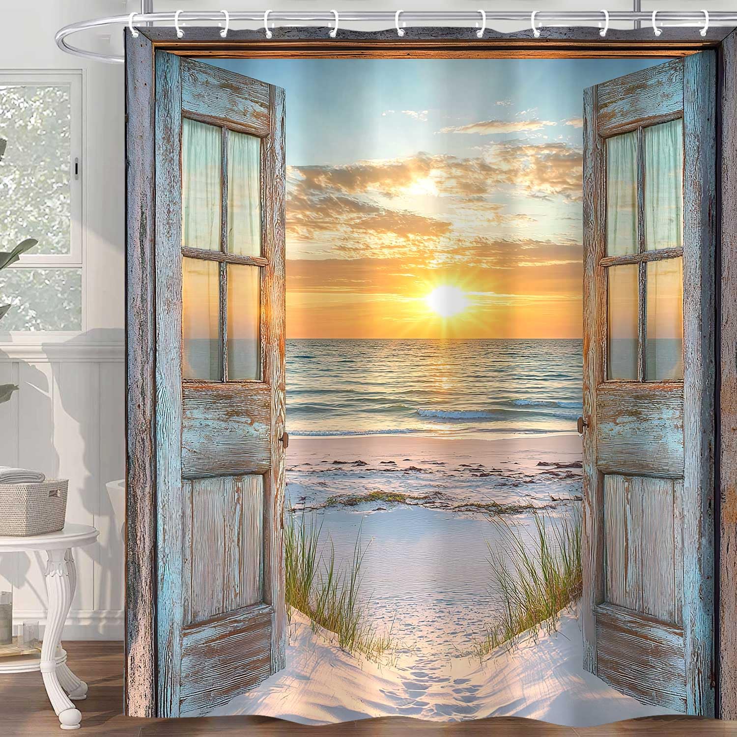 Beach Coastal Shower Curtain, Ocean Barn Door Nautical Sunrise Seaside Seascape Wave Decor Bath Curtains, Rustic Wood Teal Turquoise Bathroom