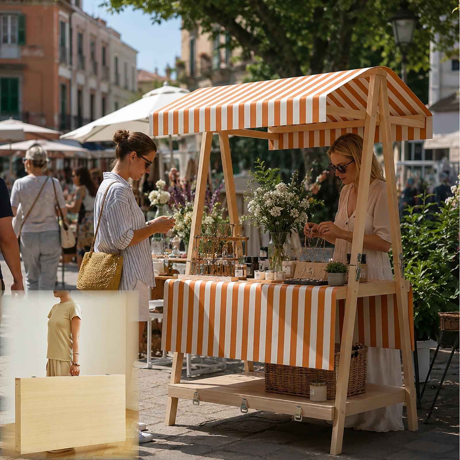 Stand de marché en bois de qualité avec structure à 2 niveaux orange - 8