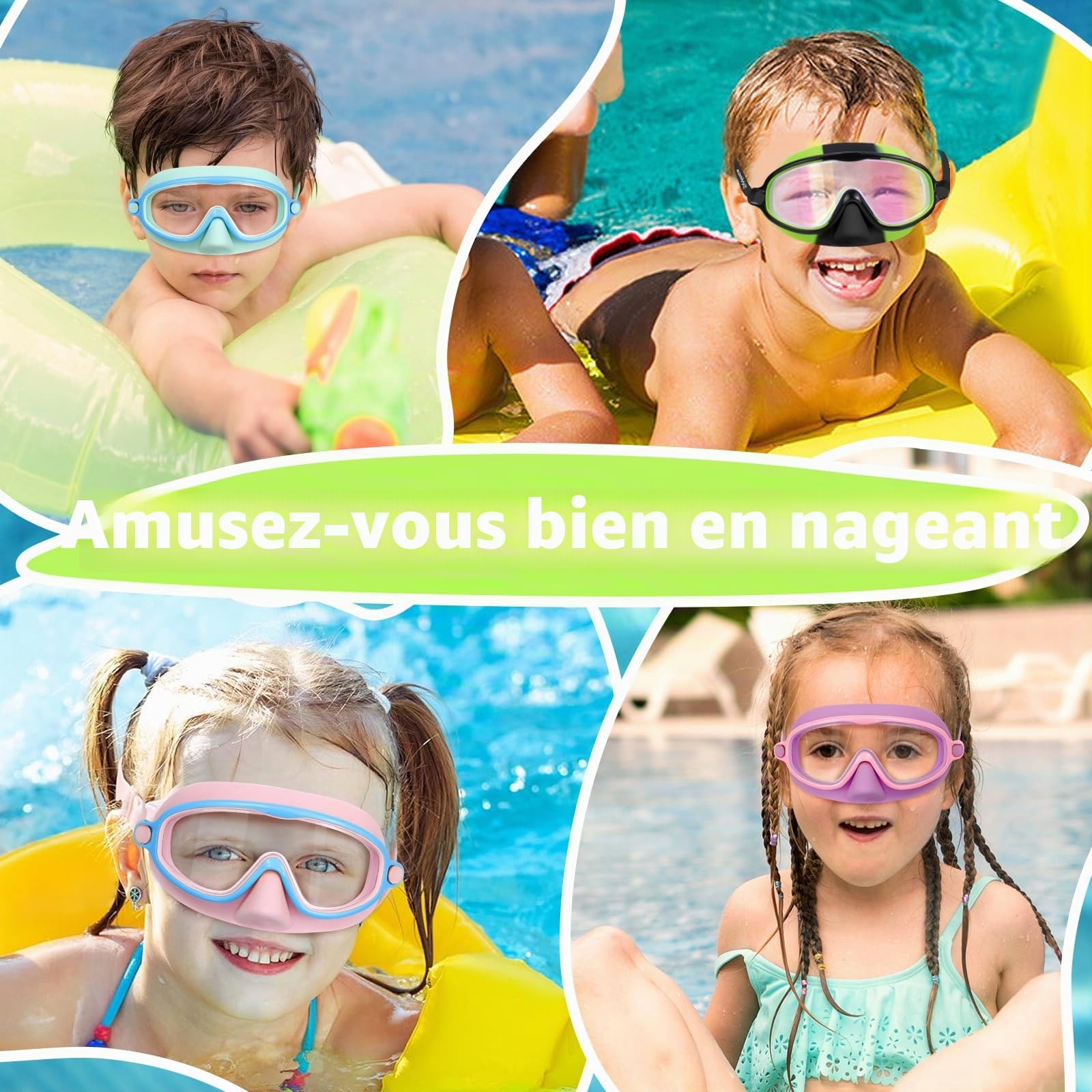 Vvinca Lunettes de natation pour enfants avec protection du nez, masque de plongée, vision large, anti-buée, UV, verres anti-éblouissement, pour enfants de 3 à 8 ans