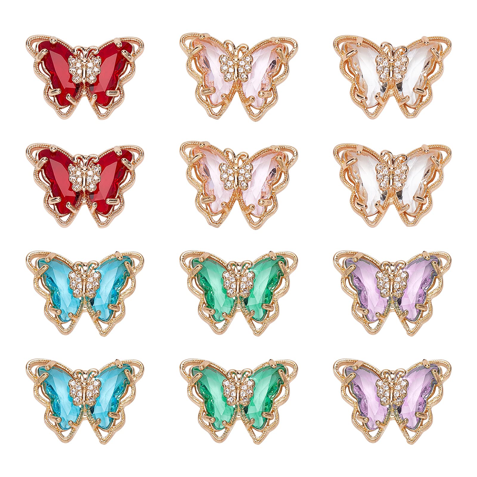 nbeads - Colgante de mariposa de cristal, 12 unidades, 6 colores, colgante de mariposa de latón, micro pavimento claro, circón cúbico, colgante para collar, pulsera y pendientes, fabricación de joyas