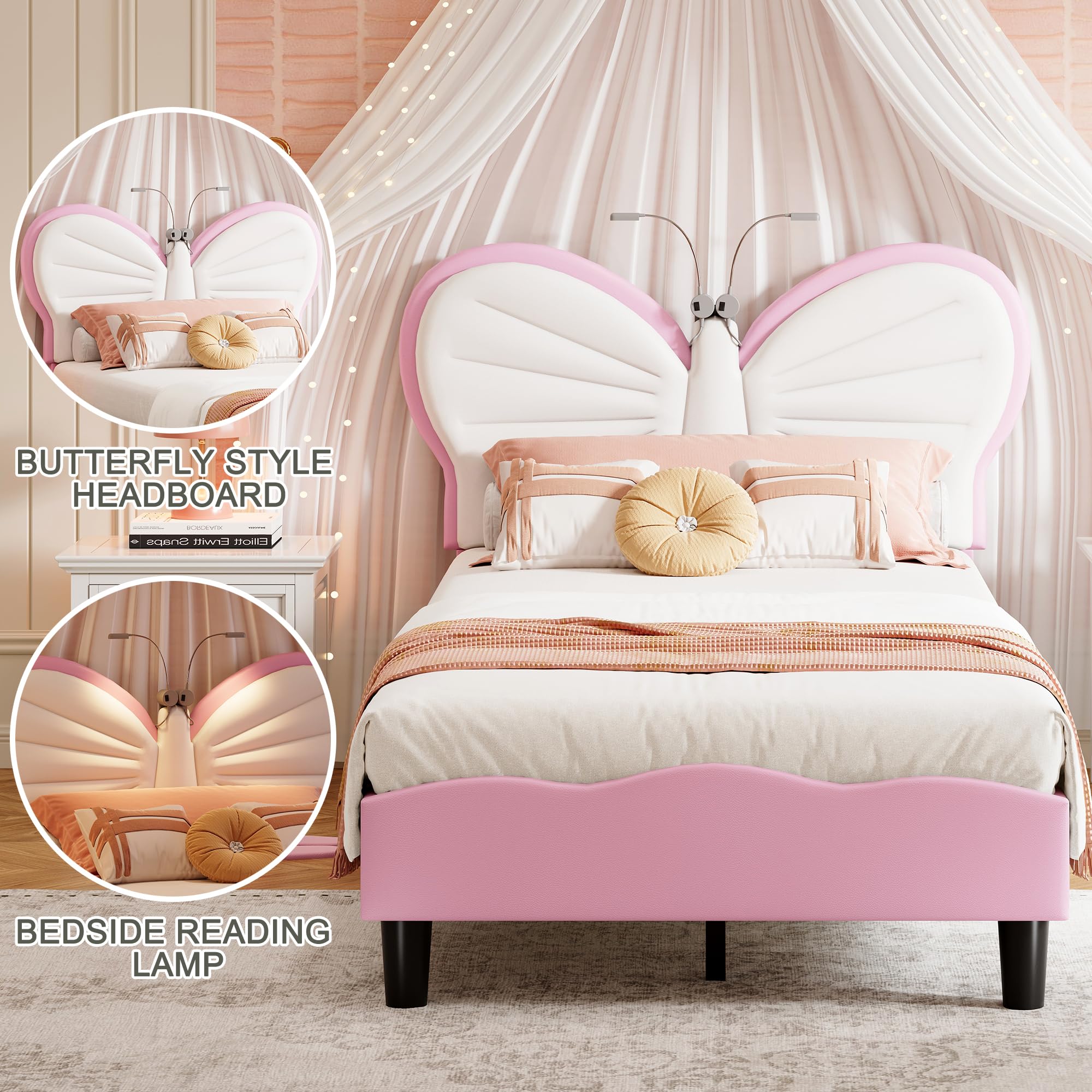 Lit Enfant Rembourré 90x200cm,Tête de Lit avec Lampe de Lecture LED,Cadre de lit pour Enfants avec Sommier à Lattes,Design Extérieur Papillon,Velours, Blanc Rose