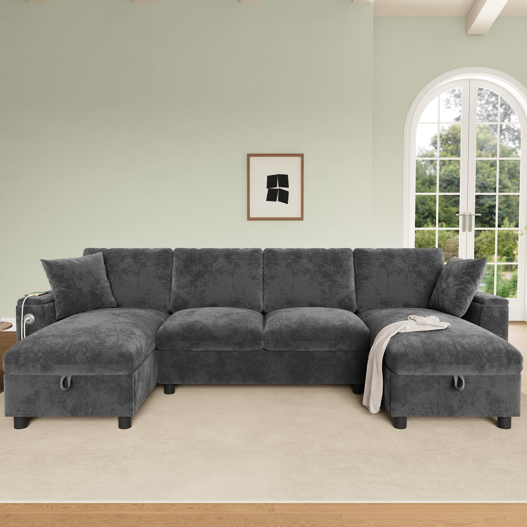 Muskel Chenille Wohnland 284 × 135 cm, sofá esquinero en forma de U con dos chaise longues y 2 plazas, sofá con espacio de almacenamiento abatible, cómodo sofá para salón, gris