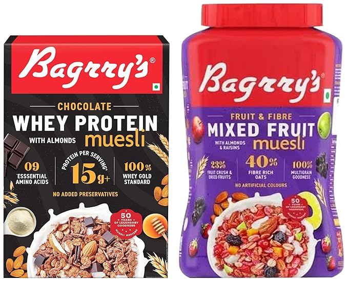 Fruit N Fibre Muesli, Mixed Fruit, 1000g & Bagrry's Protein Muesli with Whey Protein, Almonds and Oats, 500g