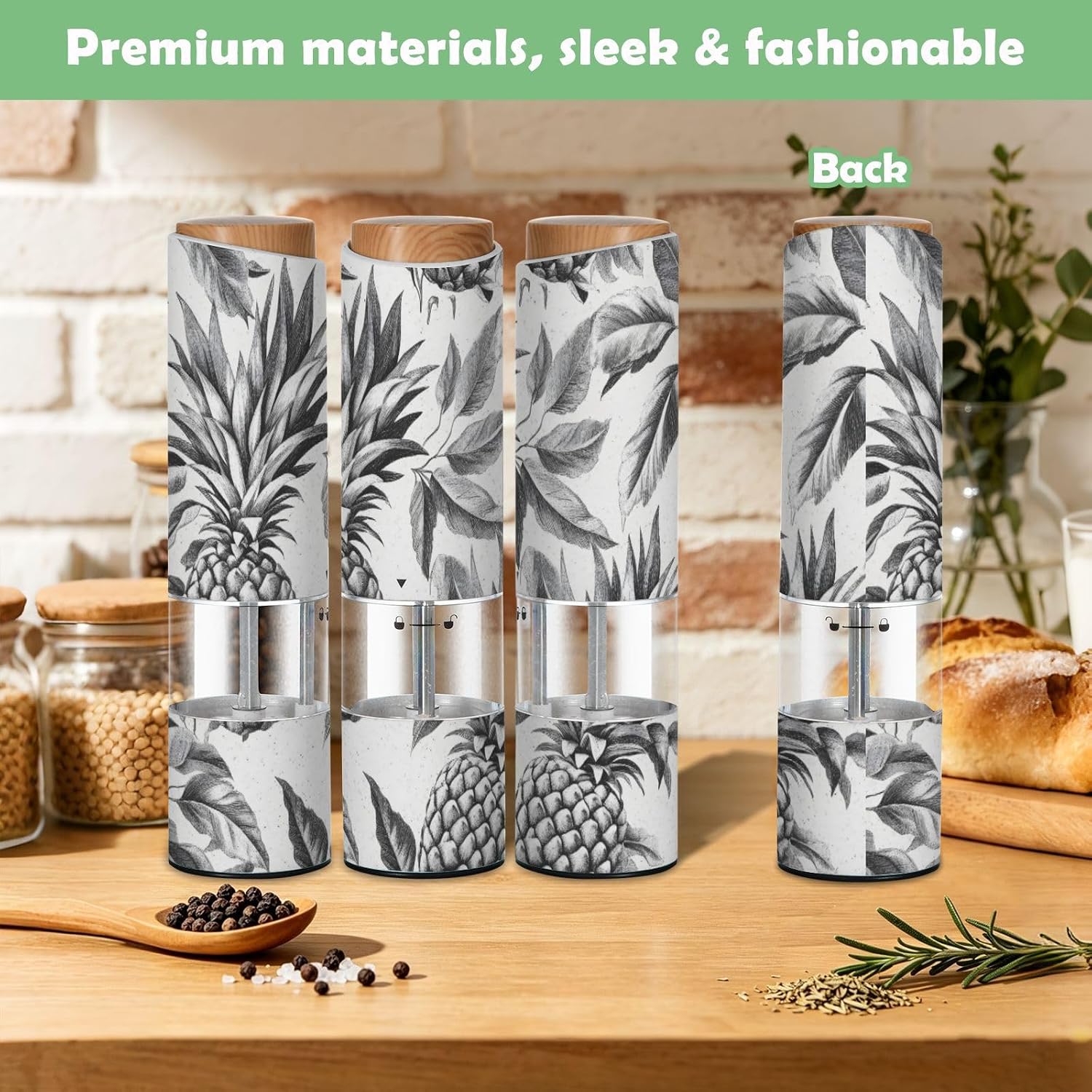 ALAZA Electric Pepper Grinder with Adjustable Coarseness, Pineapple Pattern Black White Battery Automatic Salt and Pepper Mill with Led, One-Handed Operation Spice Grinder for Kitchen, Camping & BBQ