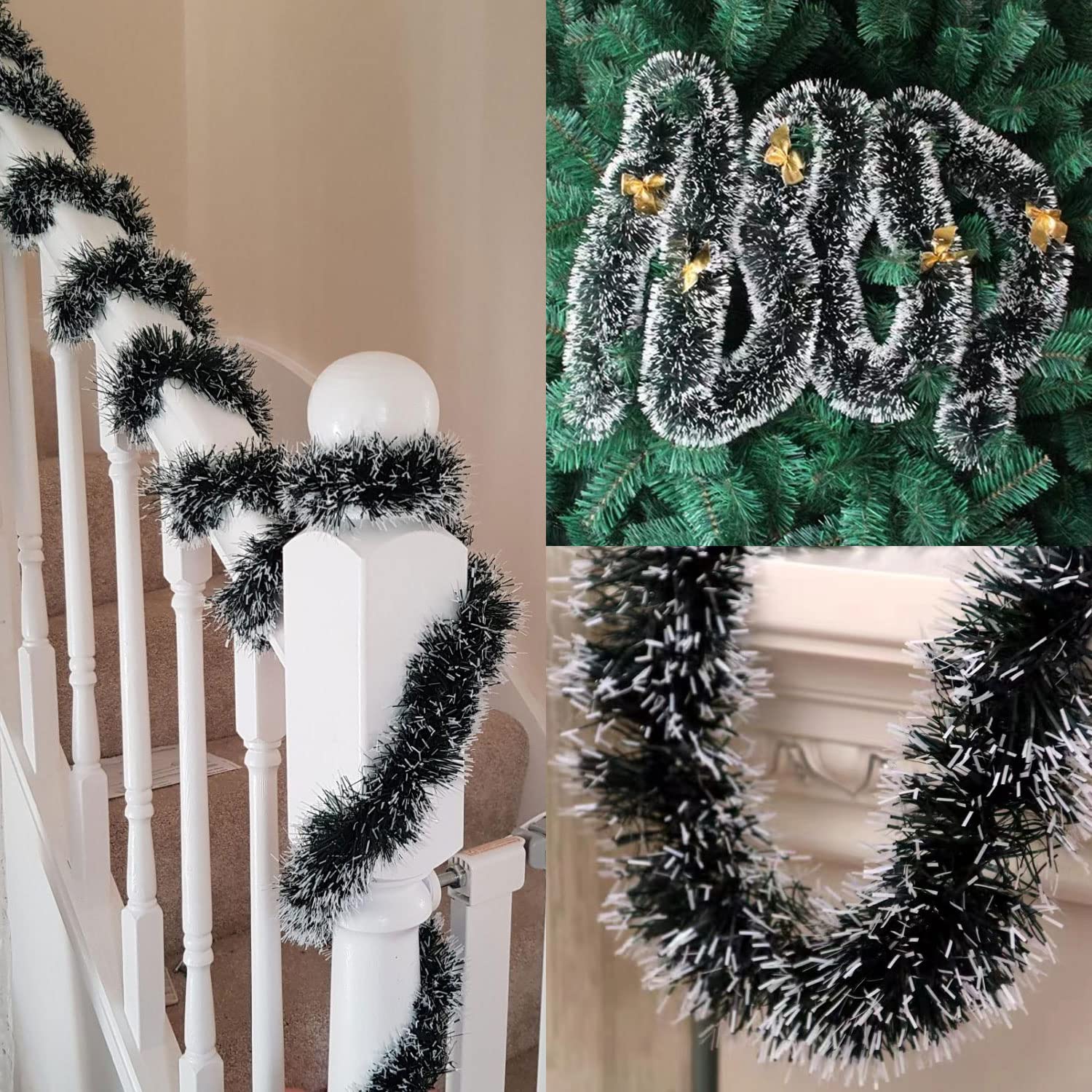 Ghirlanda Di Natale Lucida Tinsel 10 Metri, Verde Scuro Con Punte Bianche, In PVC, Per Albero, Casa, Finestre, Decorazione Interni/Esterni - 3