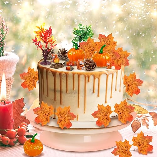 Miniatura 2 de RAYNAG 25 decoraciones para tartas de Acción de Gracias, decoraciones de otoño para fiestas de cumpleaños, calabazas artificiales, hoja de arce,
