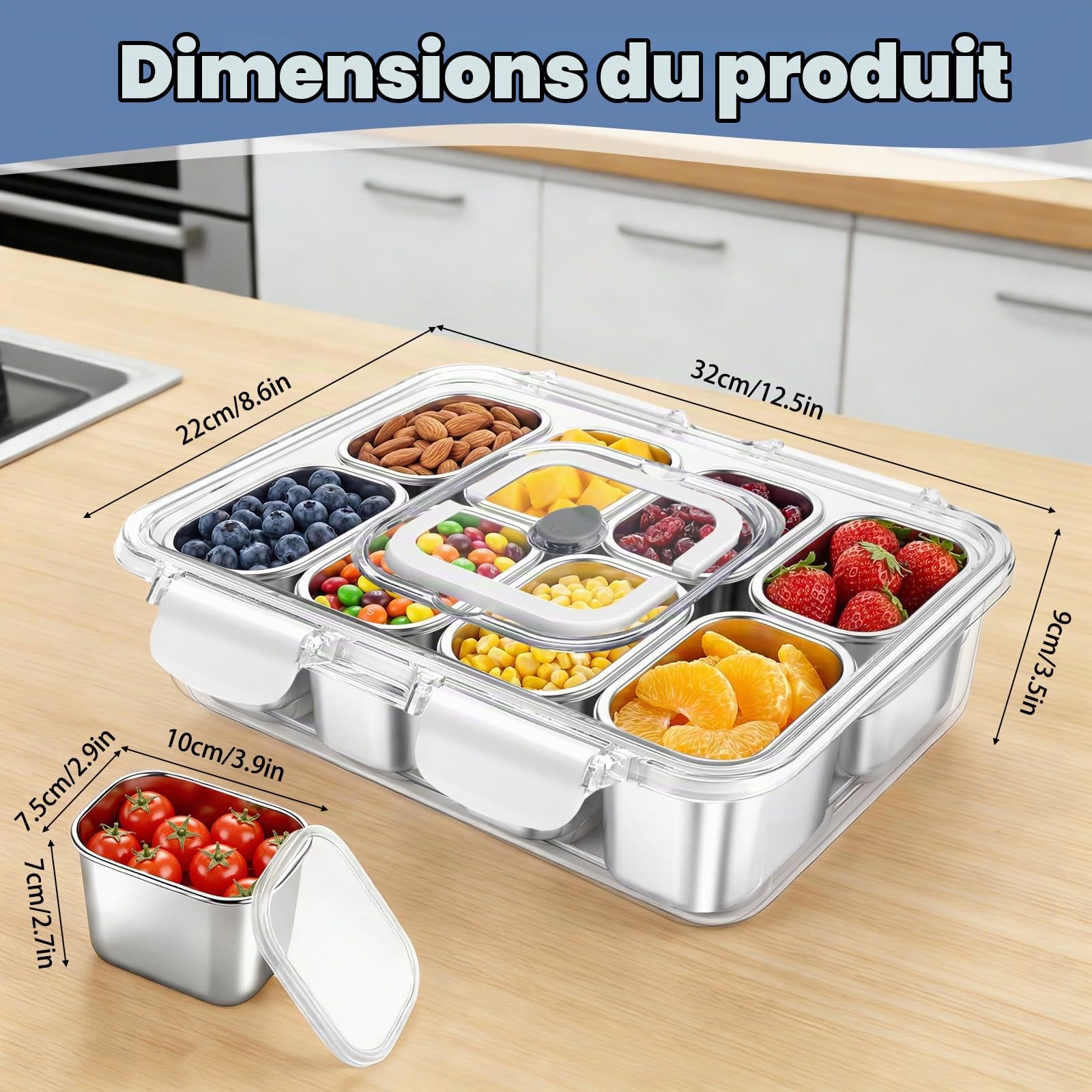 Boîte à goûter avec 8 compartiments en acier inoxydable avec poignée et couvercle | Pour divers fruits et collations, ainsi que des épices pour les fêtes, les pique-niques, les voyages, passe au lave-vaisselle