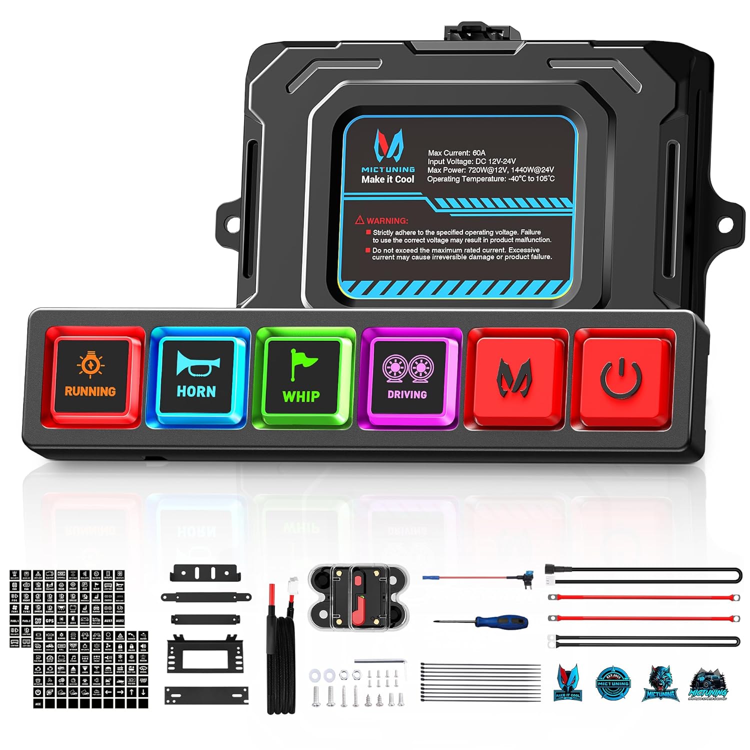 MICTUNING P4+ Neon 4 Gang Switch Panel - Cool Backlight Silicone Buttons, Toggle Momentary Flash Strobe On-Off Touch Pod, Circuit Control Relay System Box for Truck RV UTV Boat（2 Years Warranty）