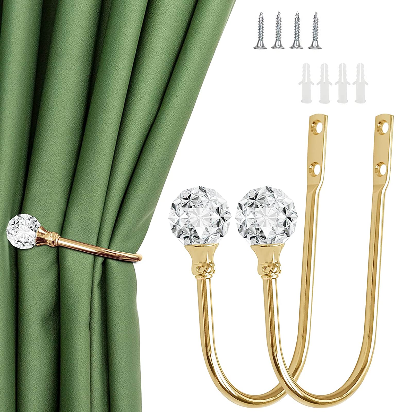 Curtain Holdback, 2pcs Wall Mounted Drapery Tiebacks with Crystal Ball, Heavy Duty Alloy Decorative Window Drapery Curtain Holder Curtain Hooks with Screws for Home Office, Gold