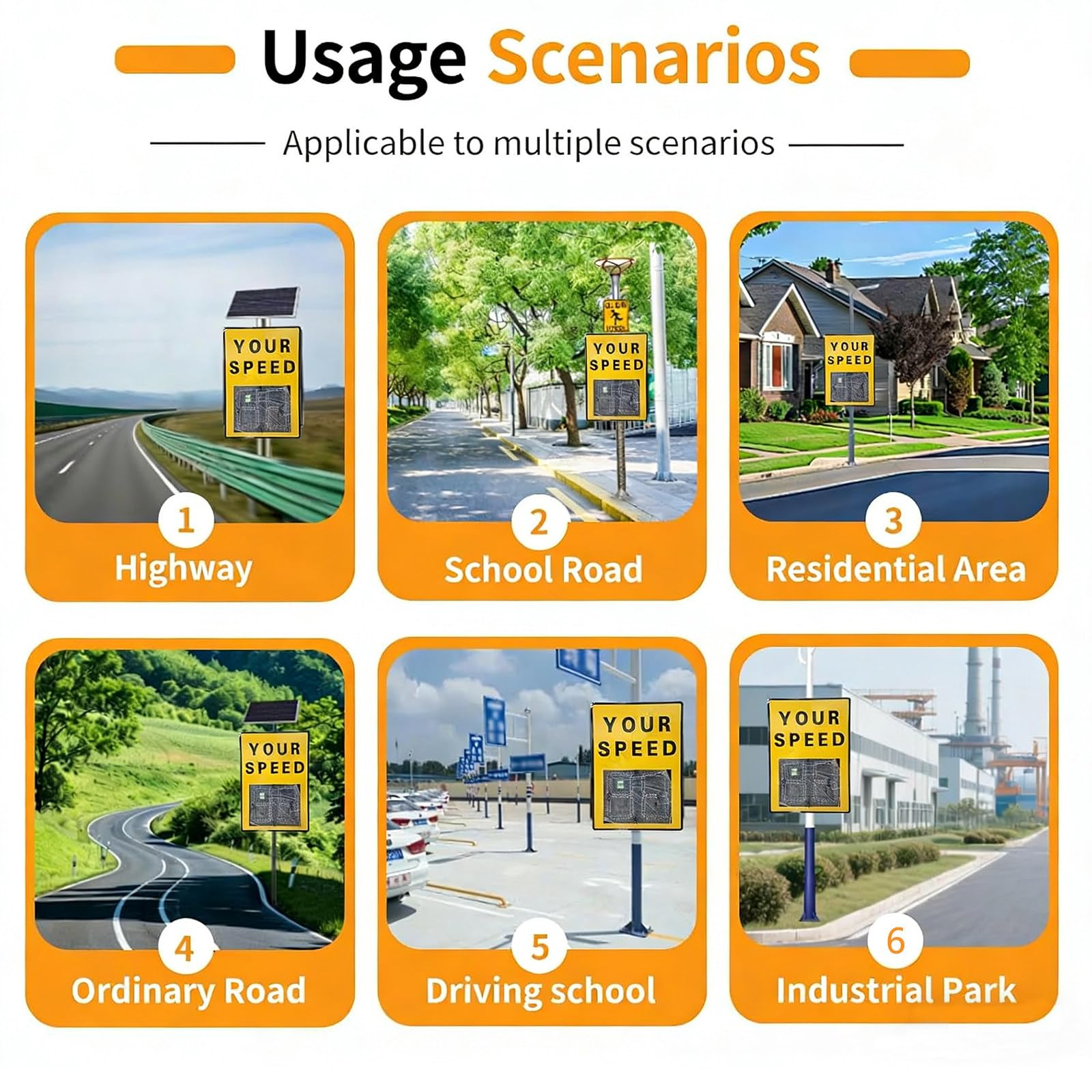 Señal de límite de Velocidad con Radar Solar Yellow | panel de advertencia, pantalla de velocidad de 2 dígitos