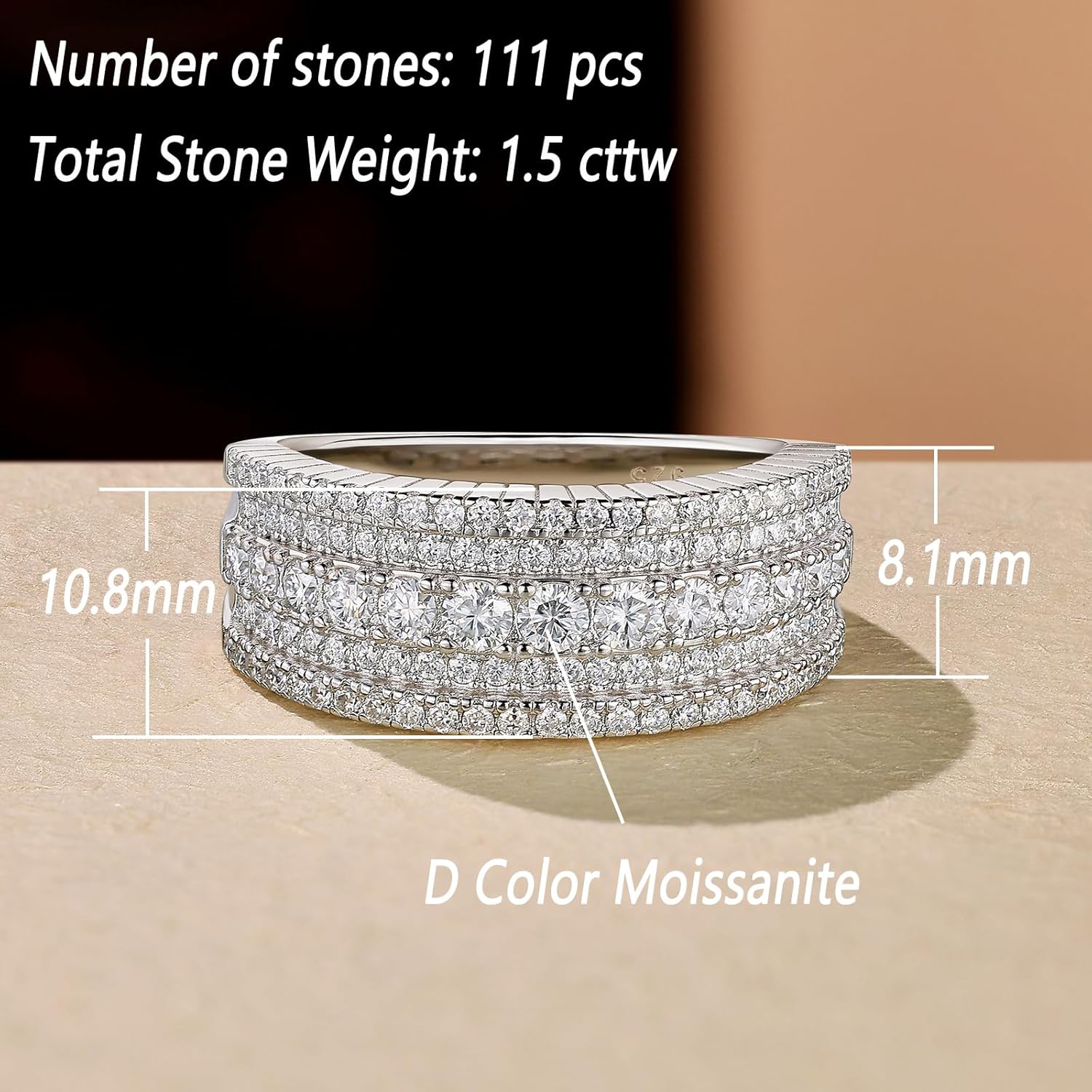 Wuziwen Moissanite Wedding Bands for Women Multi-Row Wide Eternity Stackable Ring D Color VVS1 Clarity Bridal Engagement Rings 925 Sterling Silver - Image 5