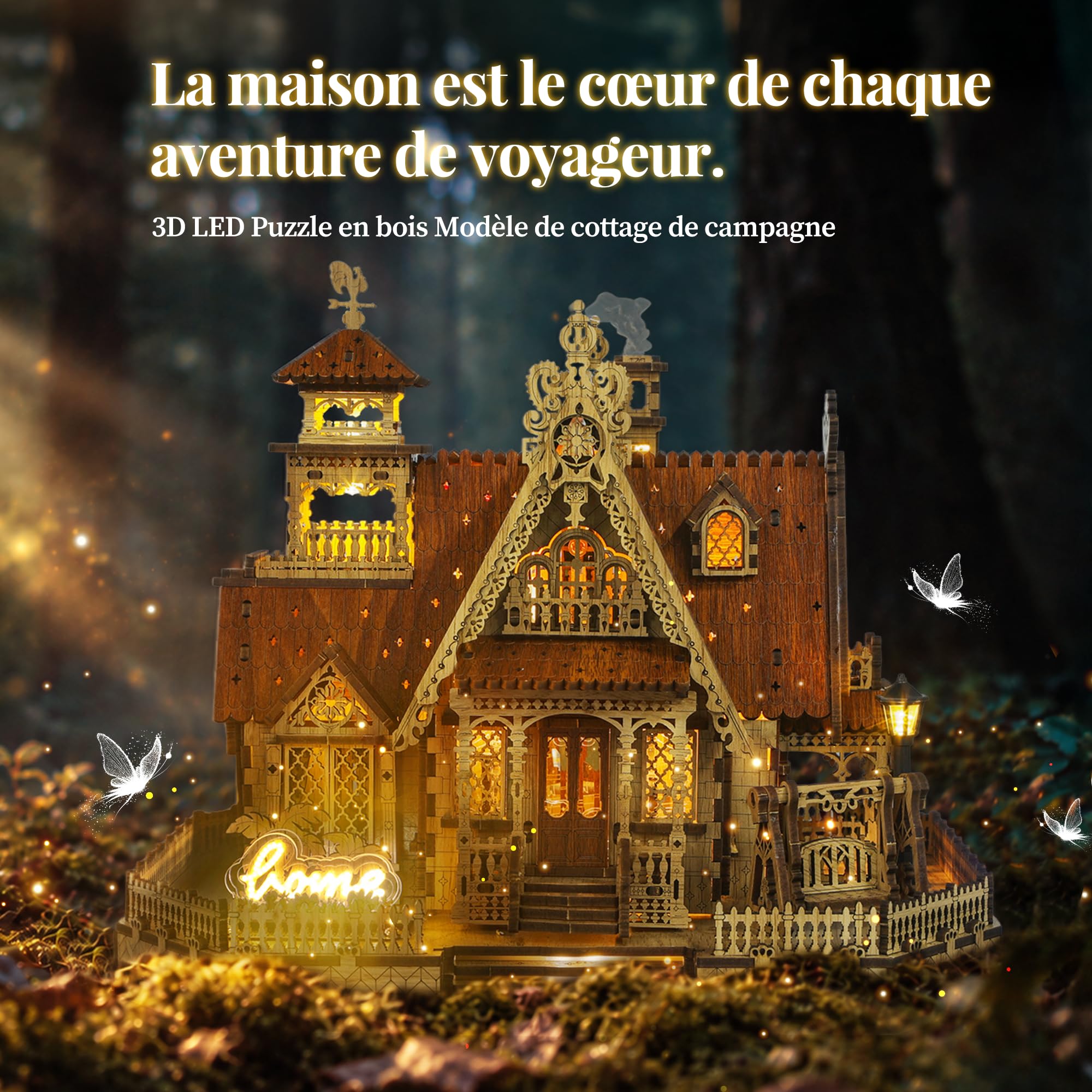 FUNPOLA LED Puzzle 3D en Bois – Modèle de Cottage Champêtre Kit de Construction Miniature DIY avec Lumières LED – Maquette Architecturale Rurale 3D pour Déco Maison – Puzzle 3D pour Adultes