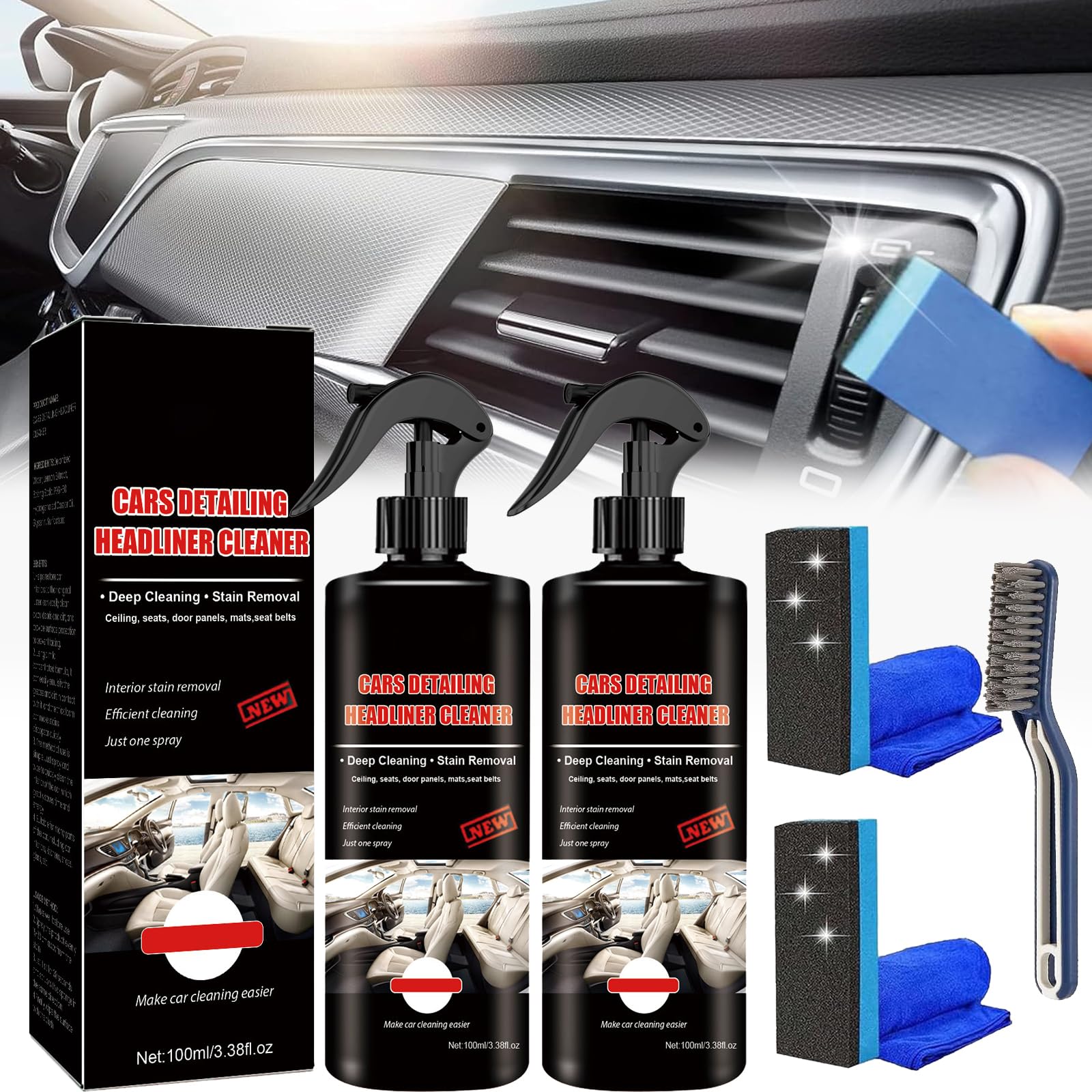 Rubson, Rubson Car Cleaner, Rubson Cleaner, Car Detailing Headliner Cleaner, Rubson Interior, Multifunctional Car Cleaner Spray for Quick Removal Of Stubborn Stan (2Pcs-100ml)