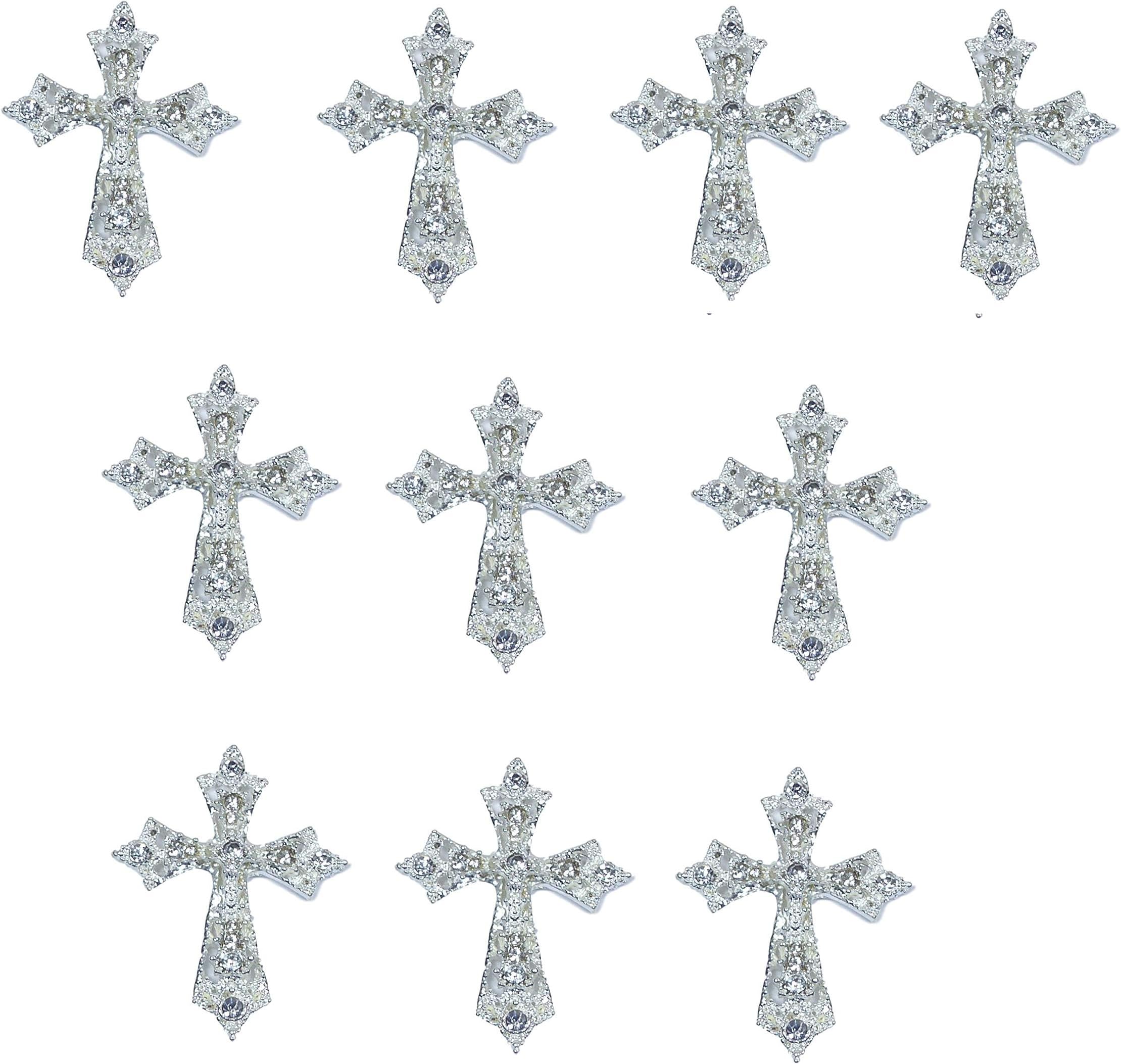 Syntego 10pcs Silver Diamante Rhinestone Cross Embellishments Flat Back Crystal with Sparkly Grade A Rhinestones
