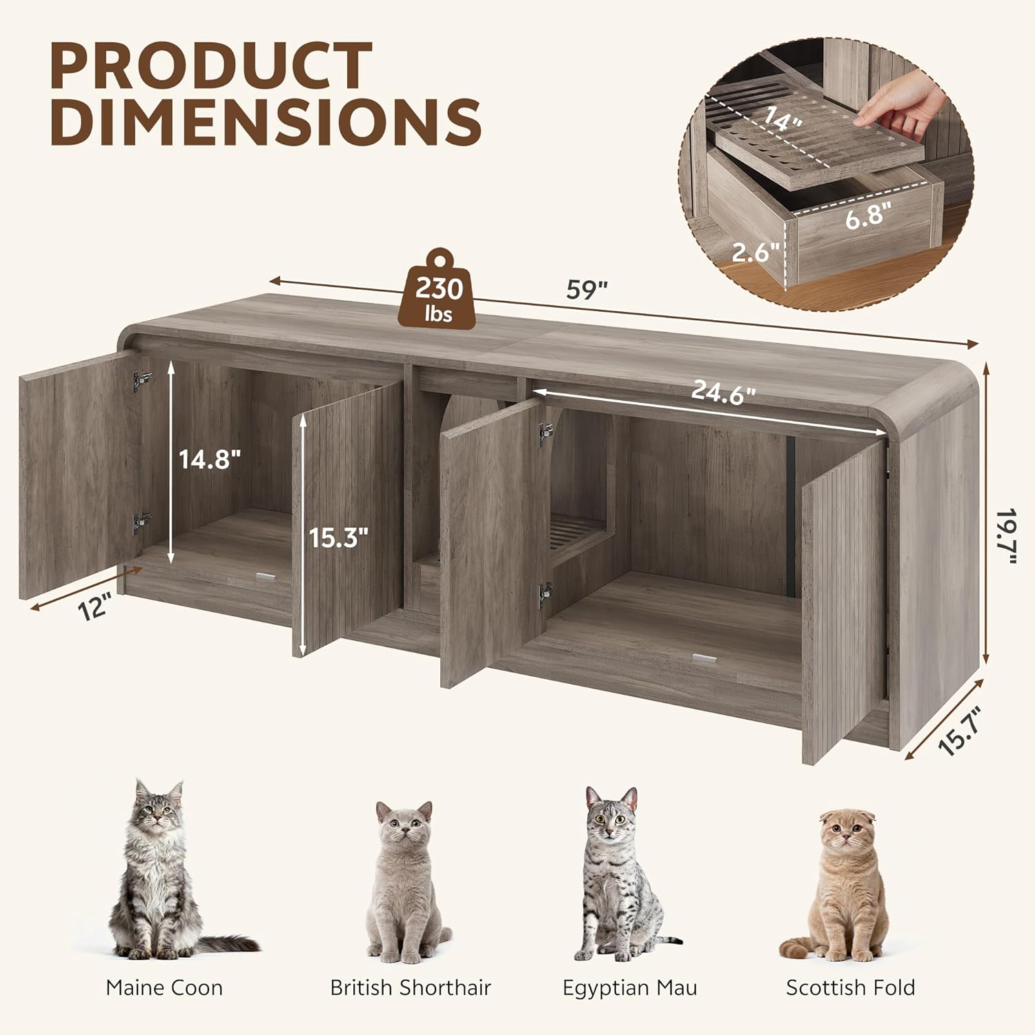Cat Litter Box Enclosure for 2 Cats, Double Litter Box Enclosure with Litter Collector, Hidden Litter Box Furniture for Indoor Cats Large Adult, Cat House, Storage Cabinet, TV Stand, Grey