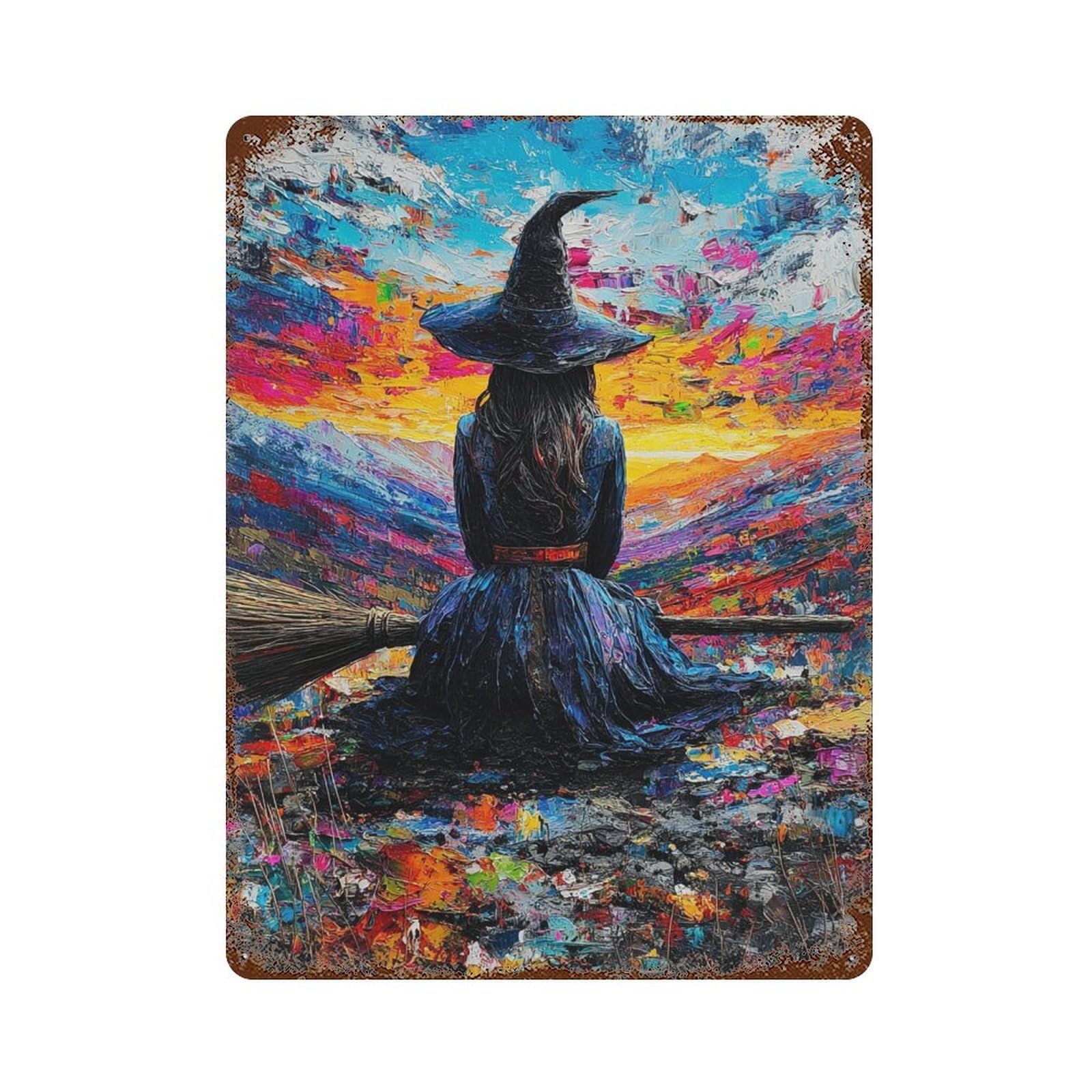 Witch on Broomstick Painting-1 Rusty Metal Tin Sign 15.7"x11.8", Vintage Wall Decor for Garage, Pub Or Kitchen