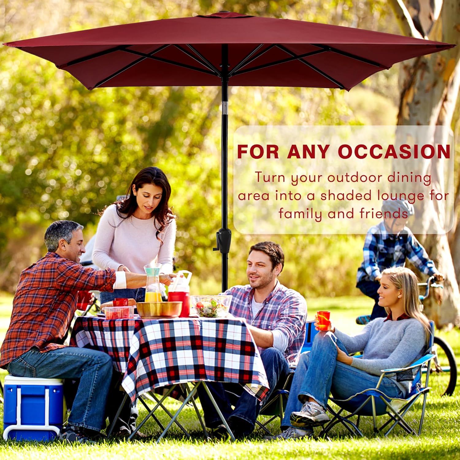 Sun-Ray Rectangular Patio Umbrella with Push-Button Tilt and Hand Crank Canopy Lift