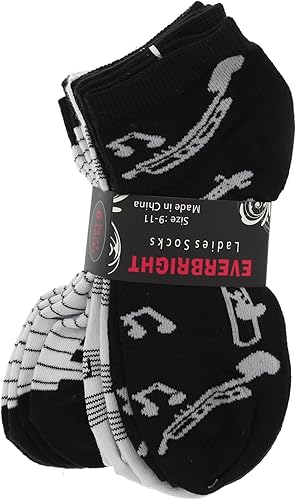 Miniatura 5 de Everbright Calcetines de corte bajo para mujer, notas musicales en blanco y negro, teclas de piano, instrumentos, (6Pr)