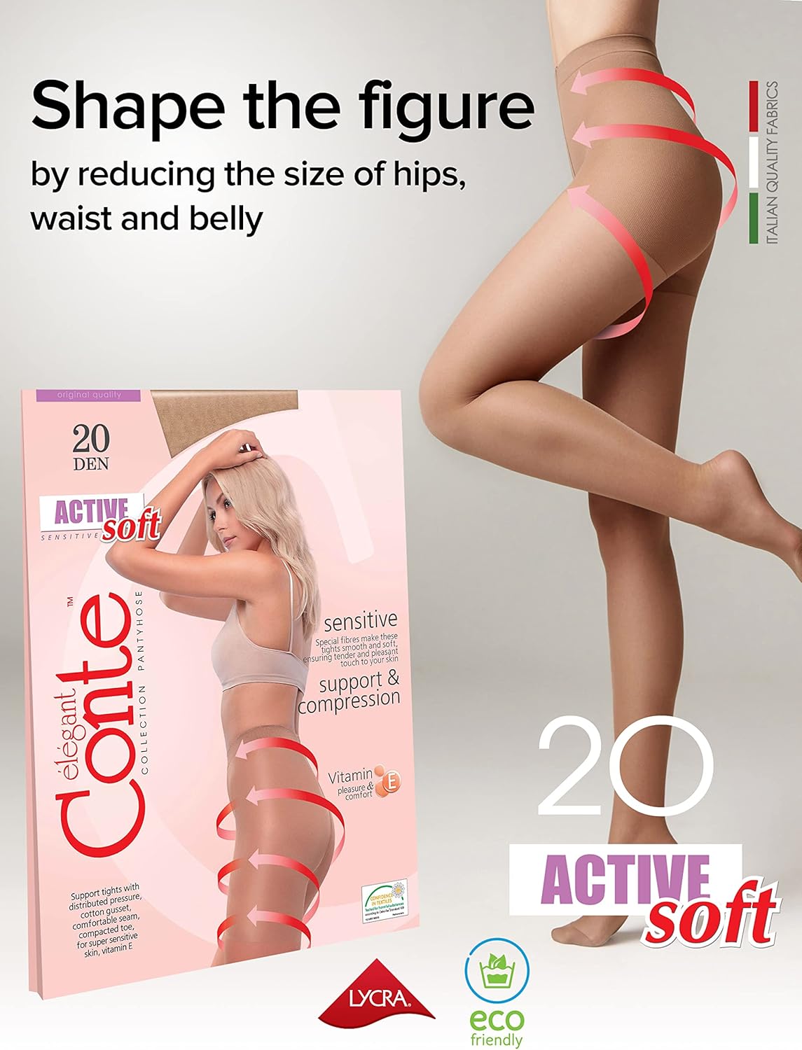 Conte Sheer Full Support Control Top Pantyhose Tights with Vitamin E for Sensitive Skin Active Soft 20 Den - Image 2