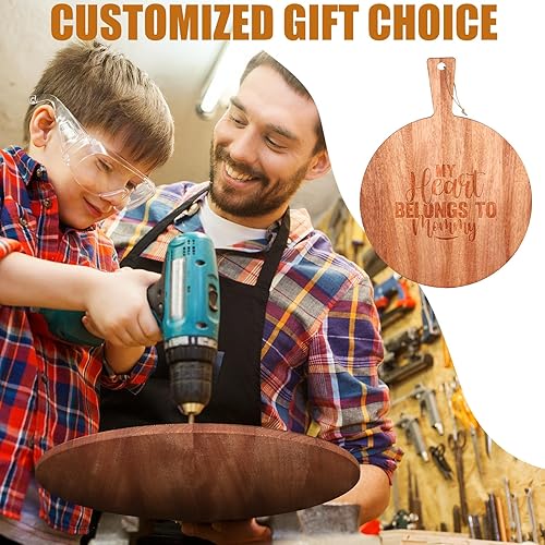 Vista 6 de Patelai Tabla de cortar redonda de madera de 12 piezas con asa para cortar pizza a granel, grabado láser, charcutería, queso, pan, tabla de cortar