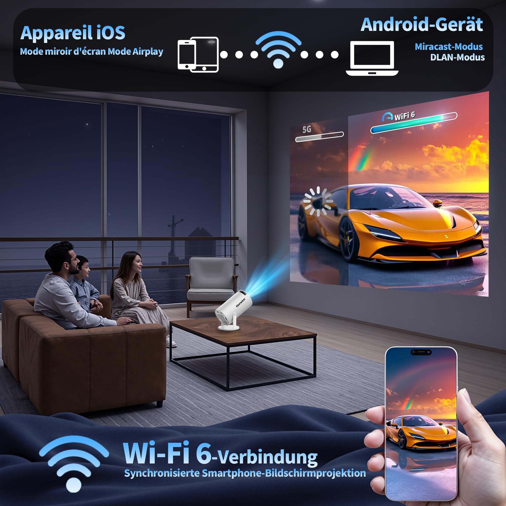 Mini Projector 4K 1080P Full HD Beamer with WiFi 6 BT 5.2, Automatic Keystone 270° Dreh, HDMI/TV Stick/Laptop, Weiß