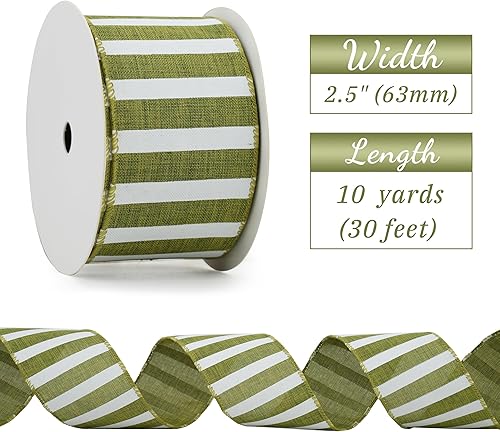 Miniatura 2 de Cinta verde musgo con alambre de 2.5 pulgadas, cinta horizontal de arpillera de rayas blancas y verdes para árbol de Navidad, cinta de Navidad con