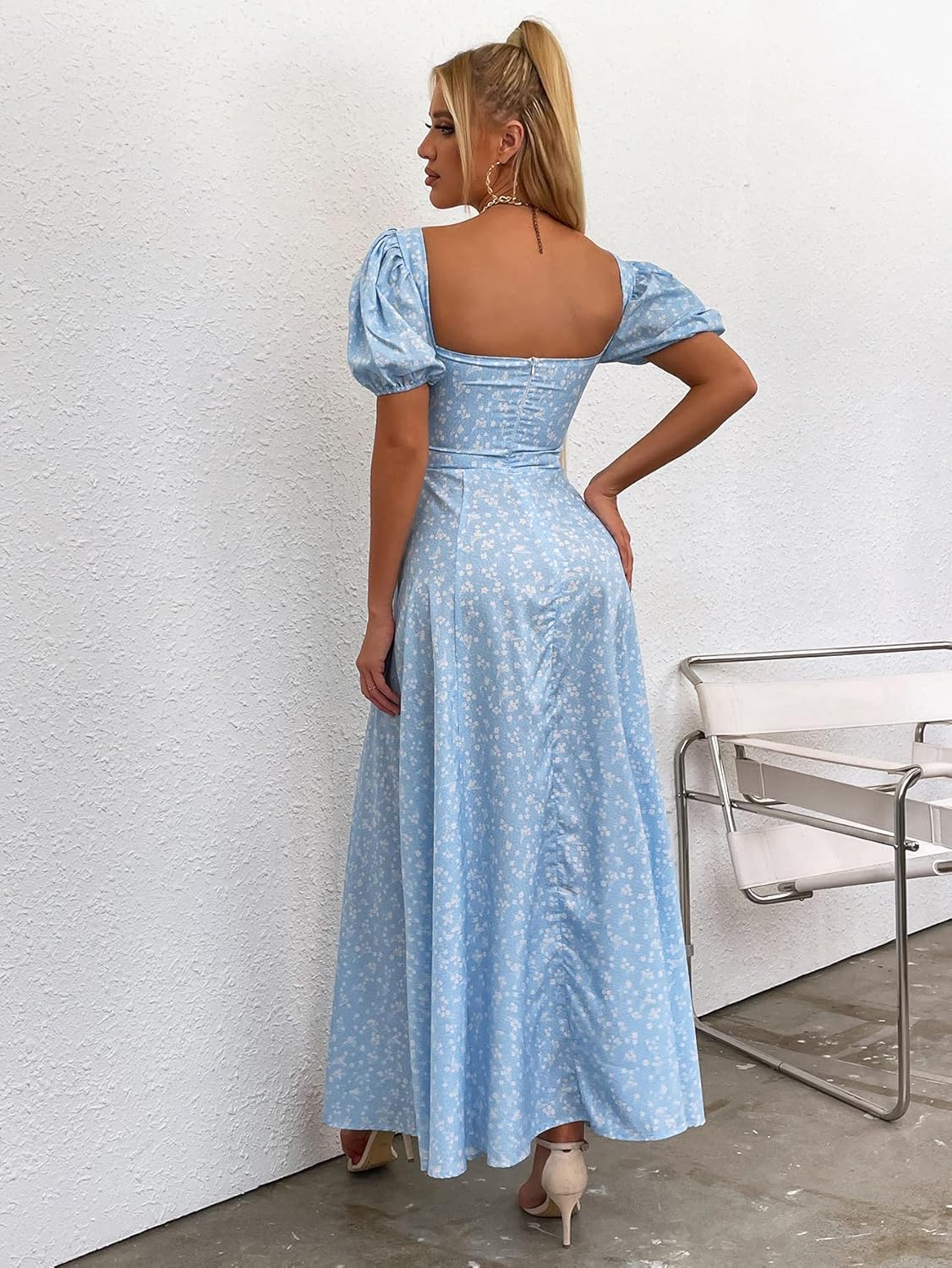Women's Summer Puff Sleeve Floral Split Maxi Dress Flowy A Line Casual Beach Long Dresses 2025 - Image 4