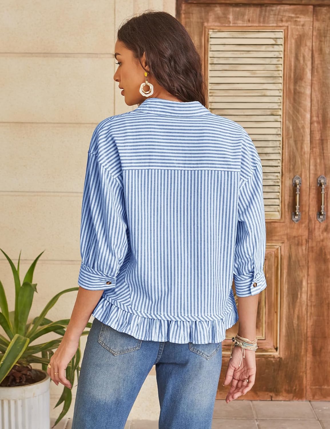 PEHMEA Women's Striped Button Down Shirt, 3/4 Sleeves Loose Fit Collared Blouse with Ruffle Casual Oversized Top - Image 4