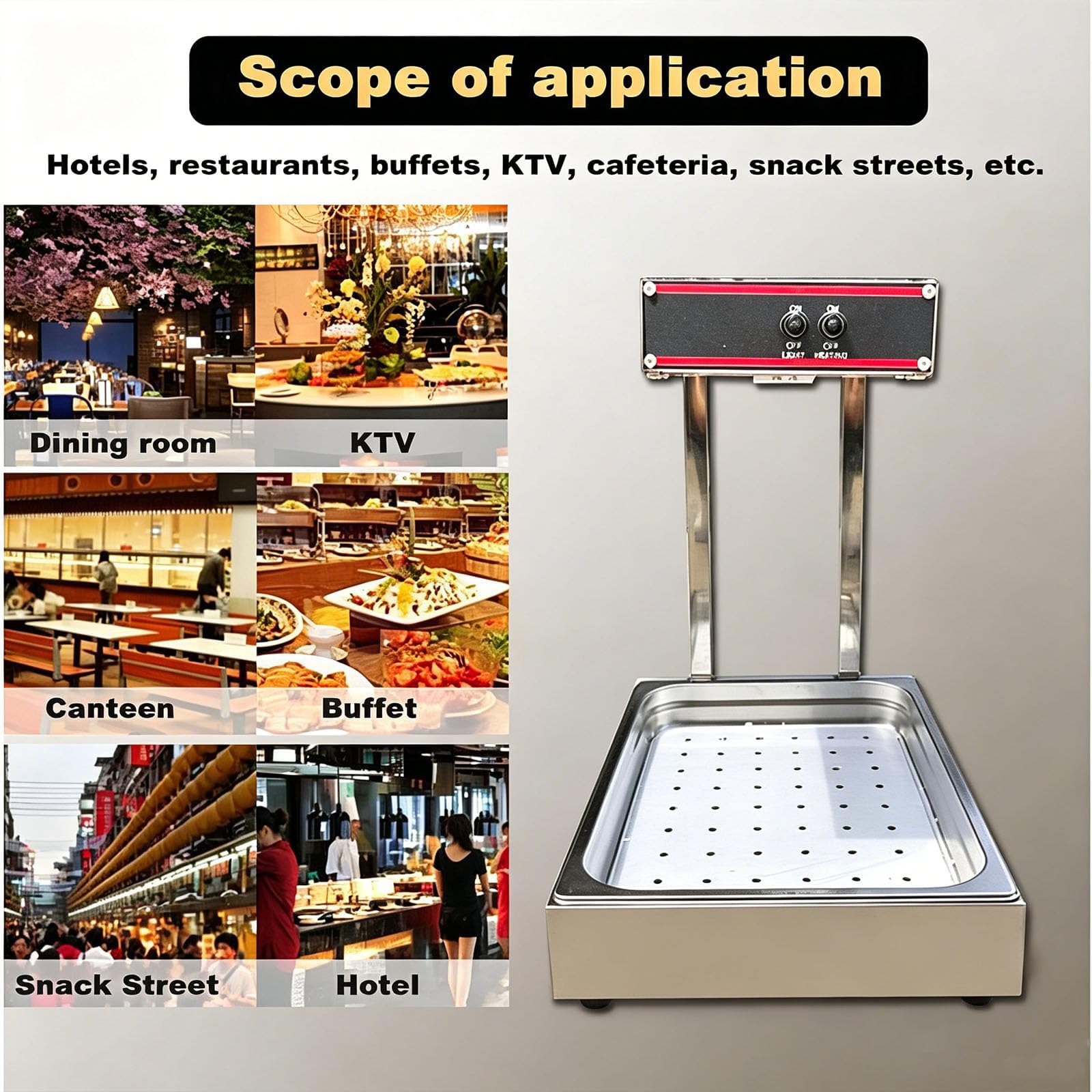 Scaldavivande Professionale per Patatine Fritte, Lampada Riscaldante | Piano di Drenaggio, Riscaldamento Rapido, Controllo della Temperatura da 30 a 110℃, Scaldavivande da Banco(silver)