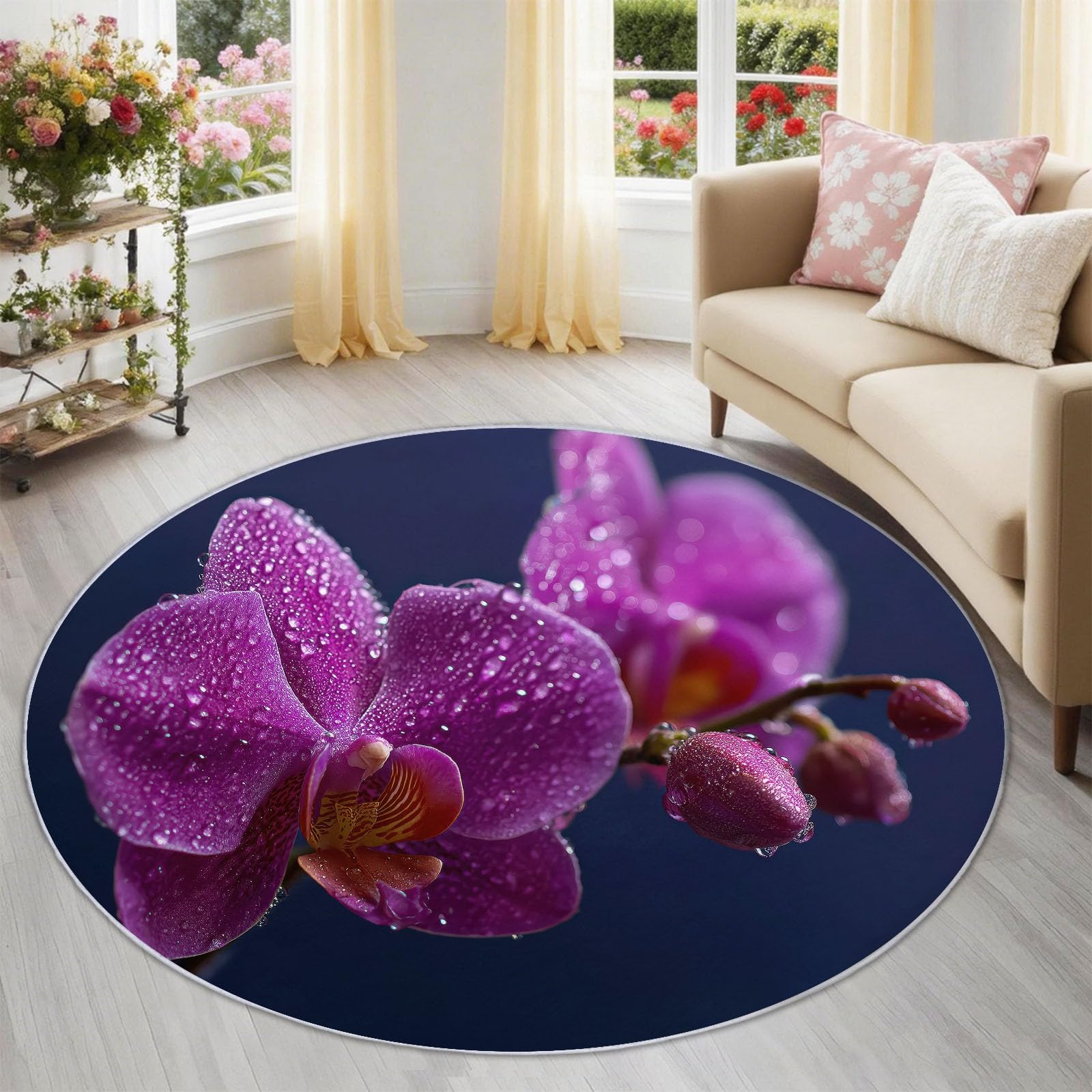 Tapis rond fleur d'orchidée violette 180 cm lavable pour chambre