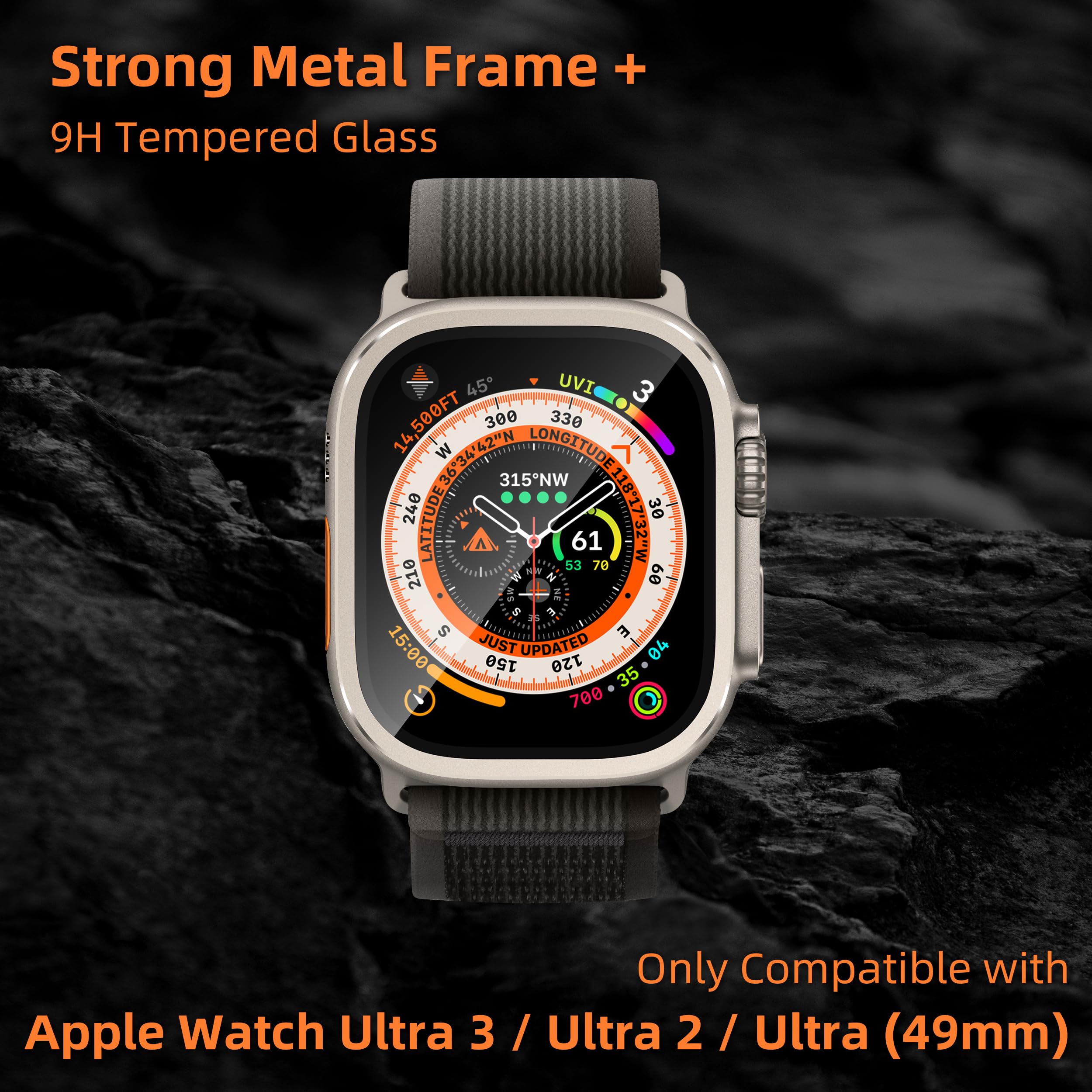 SWUU Paquete de 2 fundas de metal resistentes compatibles con Apple Watch Ultra de 49 mm con protector de pantalla de vidrio templado, naranja y titanio