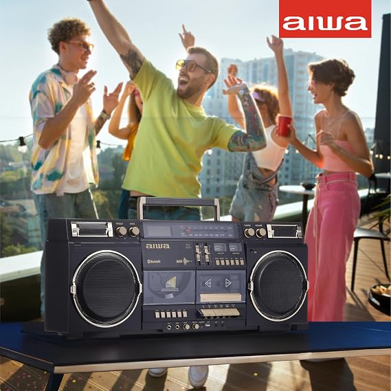 aiwa Retro Boombox BackTrack CD Player with Cassette Recording, Bluetooth 5.0, FM/AM Radio, USB/SD/AUX Inputs, VU Meters, LCD Display, Dual 40W Speakers (Black and Gold)
