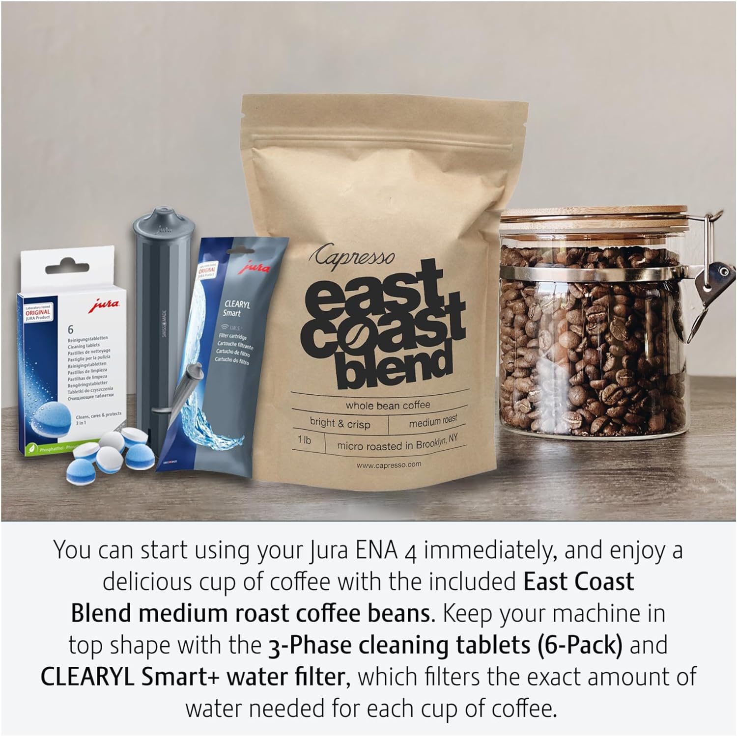 Jura ENA 4 Automatic Espresso Machine (Nordic White) with CLEARYL Smart+ Water Filtration, 6 Cleaning Tablets and East Coast Blend Whole Bean Coffee (4 Items)