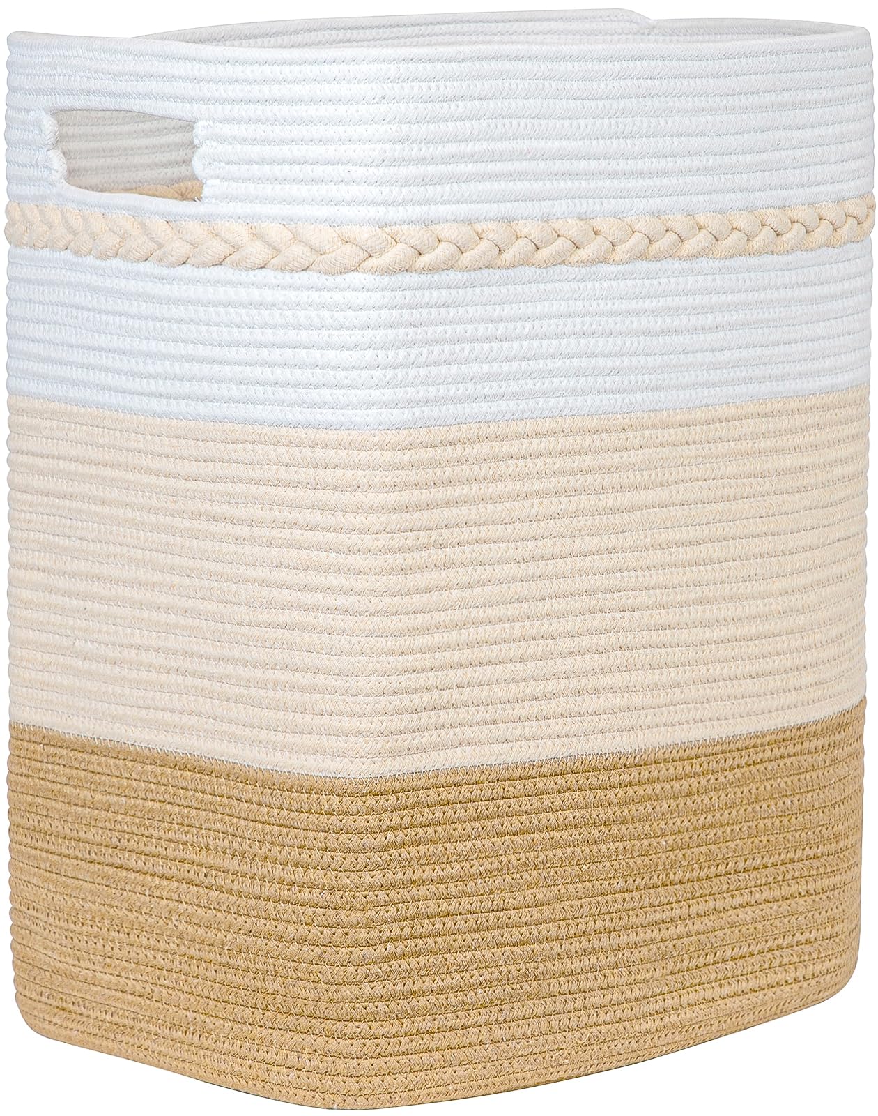 Collapsible Laundry Hamper by Homlikelan,75L Large Cotton Woven Laundry Basket with Handles,20"Tall Blanket Basket for Living Room,Bedroom,Storage Basket for Clothes,Toys,White&Yellow