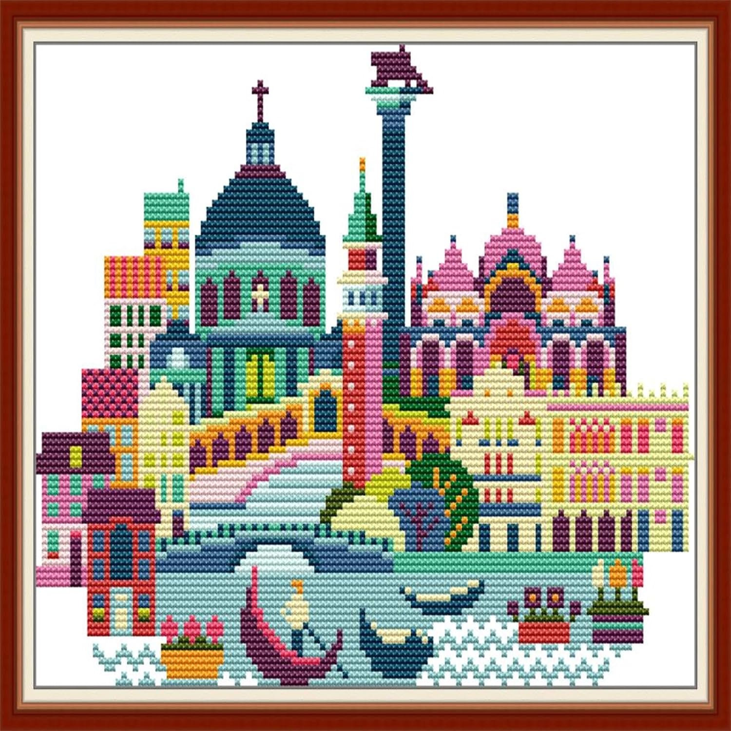 Howie's Cross Stitch Kits, 14CT Pre-Printed Pattern Embroidery Set Needlework, Full Range of Stamped Starter Kits(Colorful House by The Water, 20.47 x 17.32 inch)
