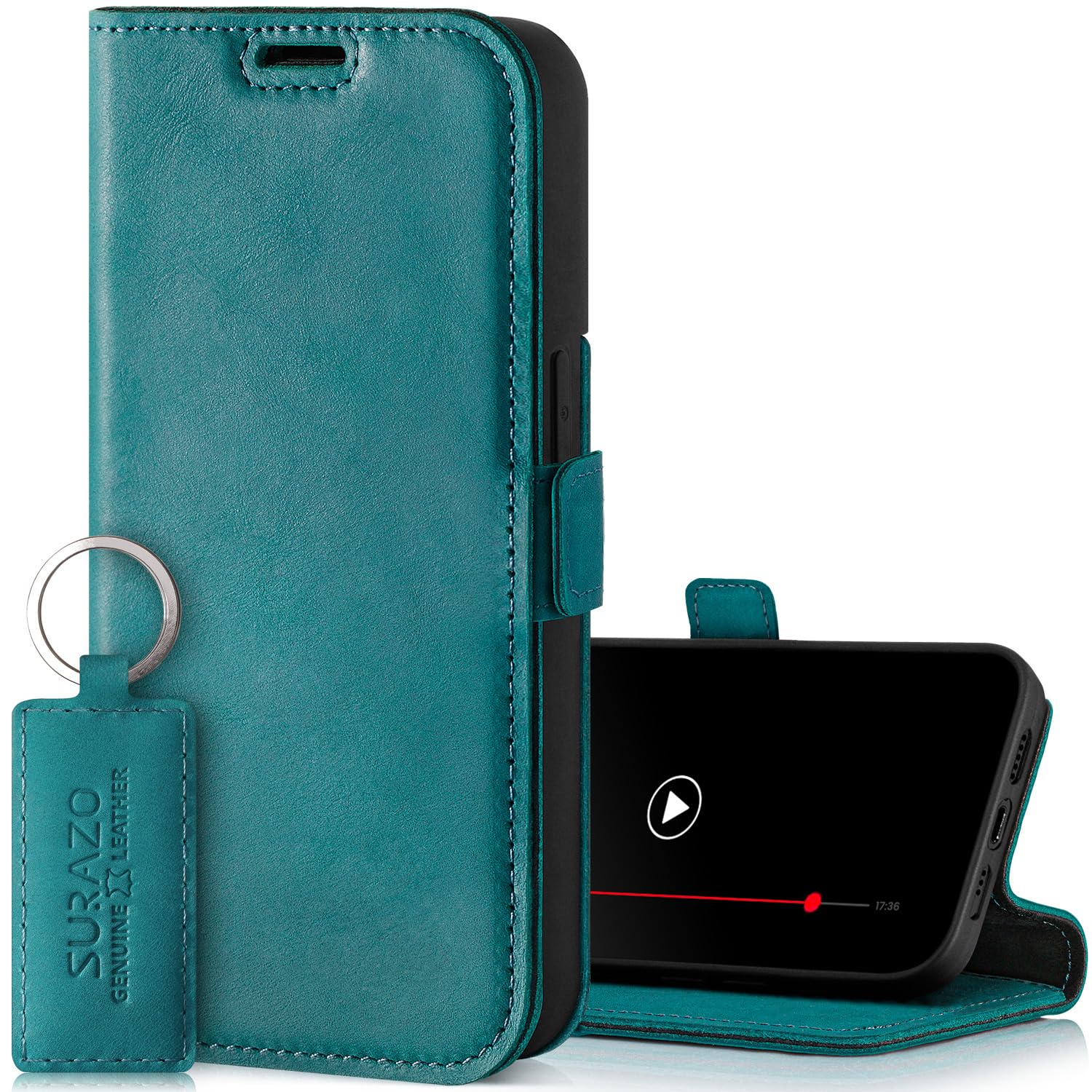 Surazo Leather Wallet Mobile Phone Case Compatible with Apple iPhone 15 - Flip & Fold Smartphone Case with Stand, RFID Blocker, Magnet Closure, 3 Slots for Bank Cards - Handcrafted European Leather