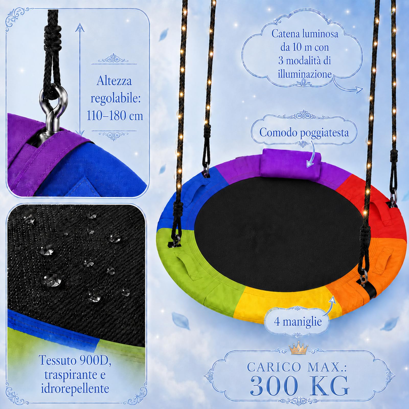 Altalena a Nido Esterno 100 cm, Portata Fino a 300 kg (Rosso) | Ghirlanda Luminosa, Cuscino, Ruotabile a 360° e Kit di Montaggio per Bambini e Adulti