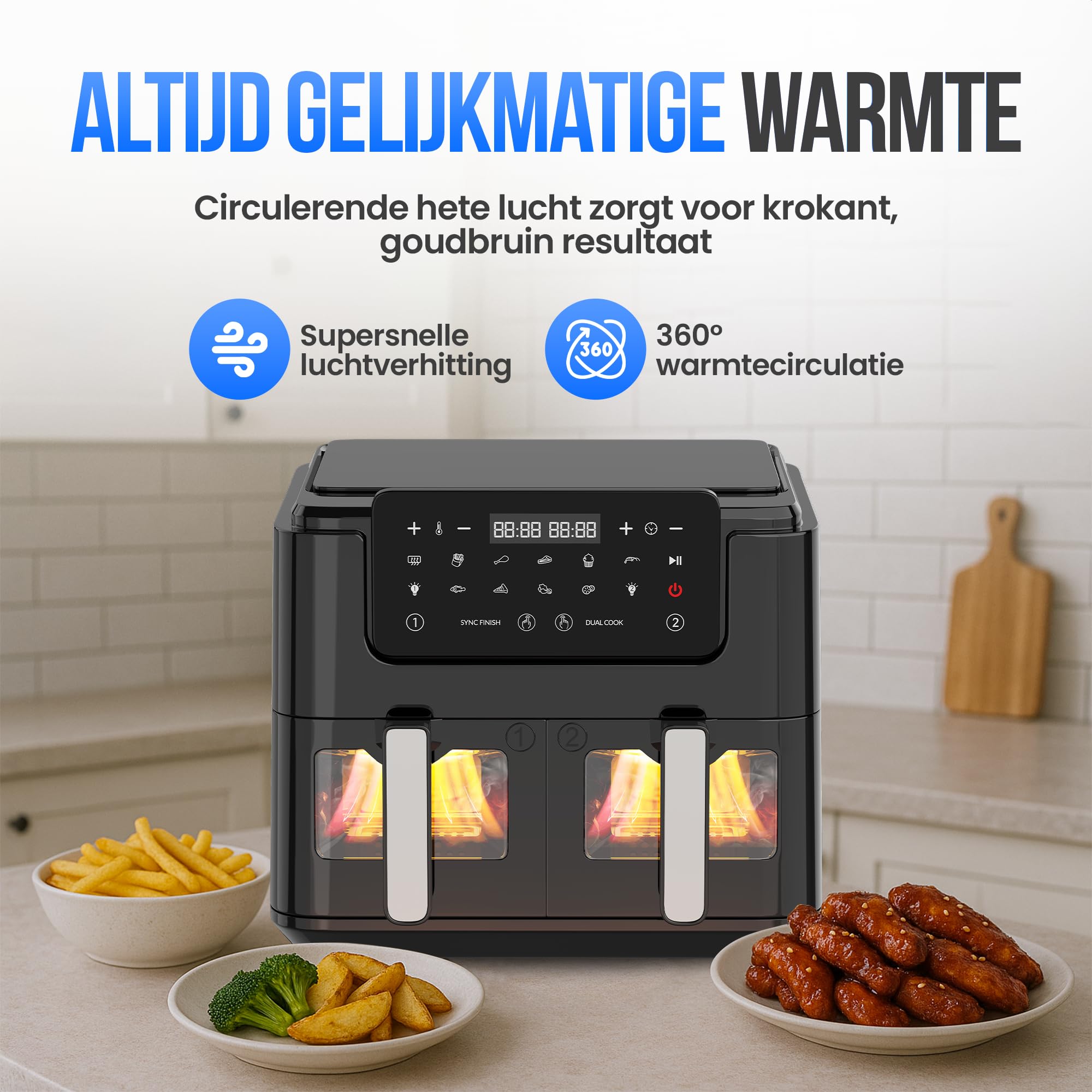 Strex Friggitrice ad aria calda XXL - 10L - 2500W - Friggitrice ad aria calda - Doppia friggitrice ad aria - 50ºC fino a 200ºC - 10 programmi di cottura - Nero