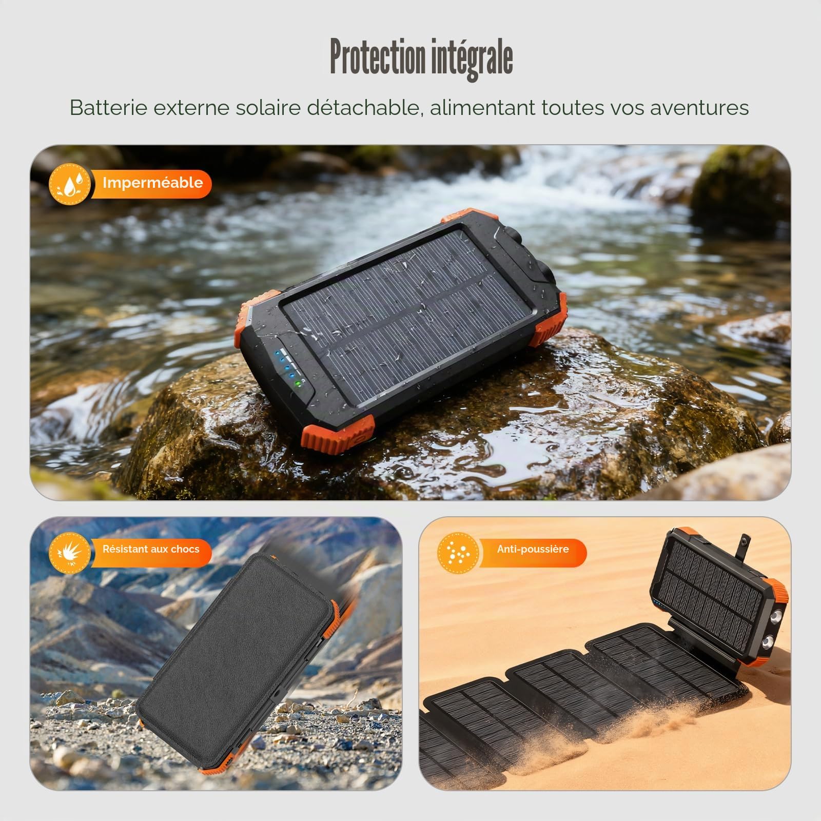 Super Power Bank Solar,Recharge sans Fil À 6 Ports 20 000 MAh+LED Haute Intensité+3 Ports De Recharge Rapide 22,5 W,Chargeur Solaire,Chargeur Portable,Batterie Solaire,pour Smartphone,Camping