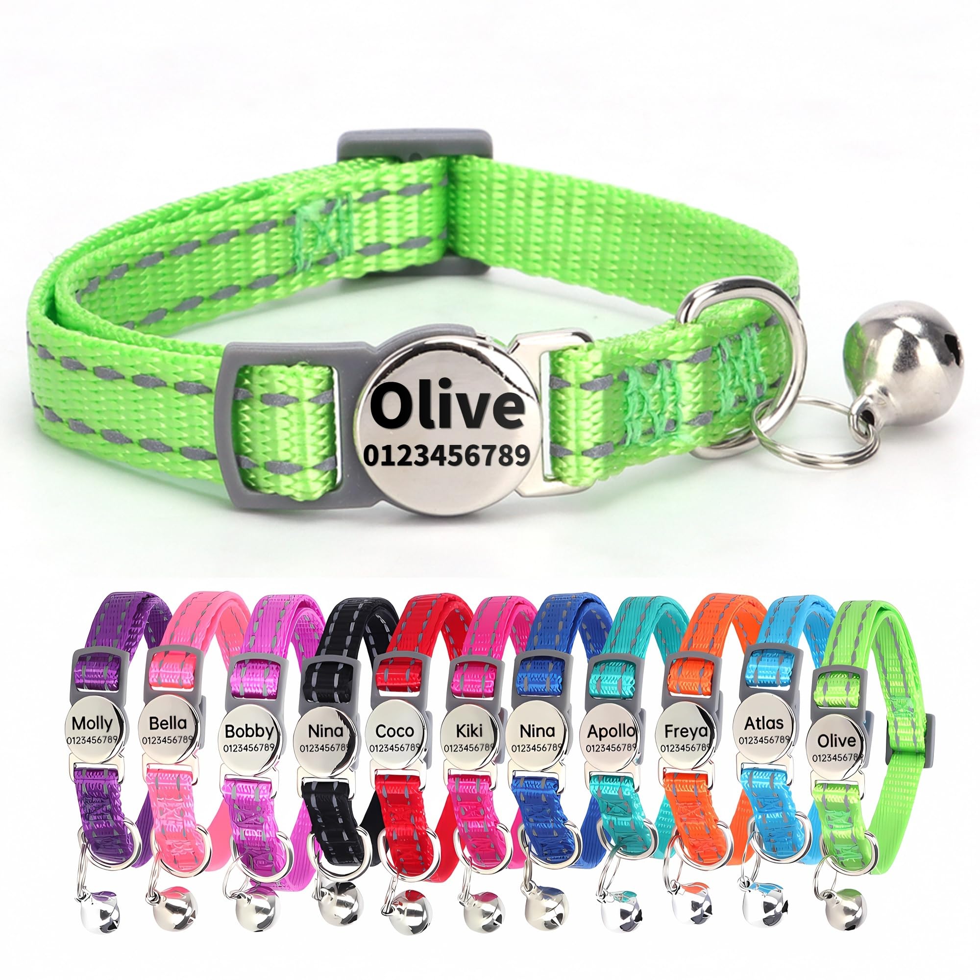 SEOUGEE Cat Collar Quick Release with Personalised Name Tag, Reflective Kitten Collars with Bells & Safety Release, 19-30 CM Adjustable, Green