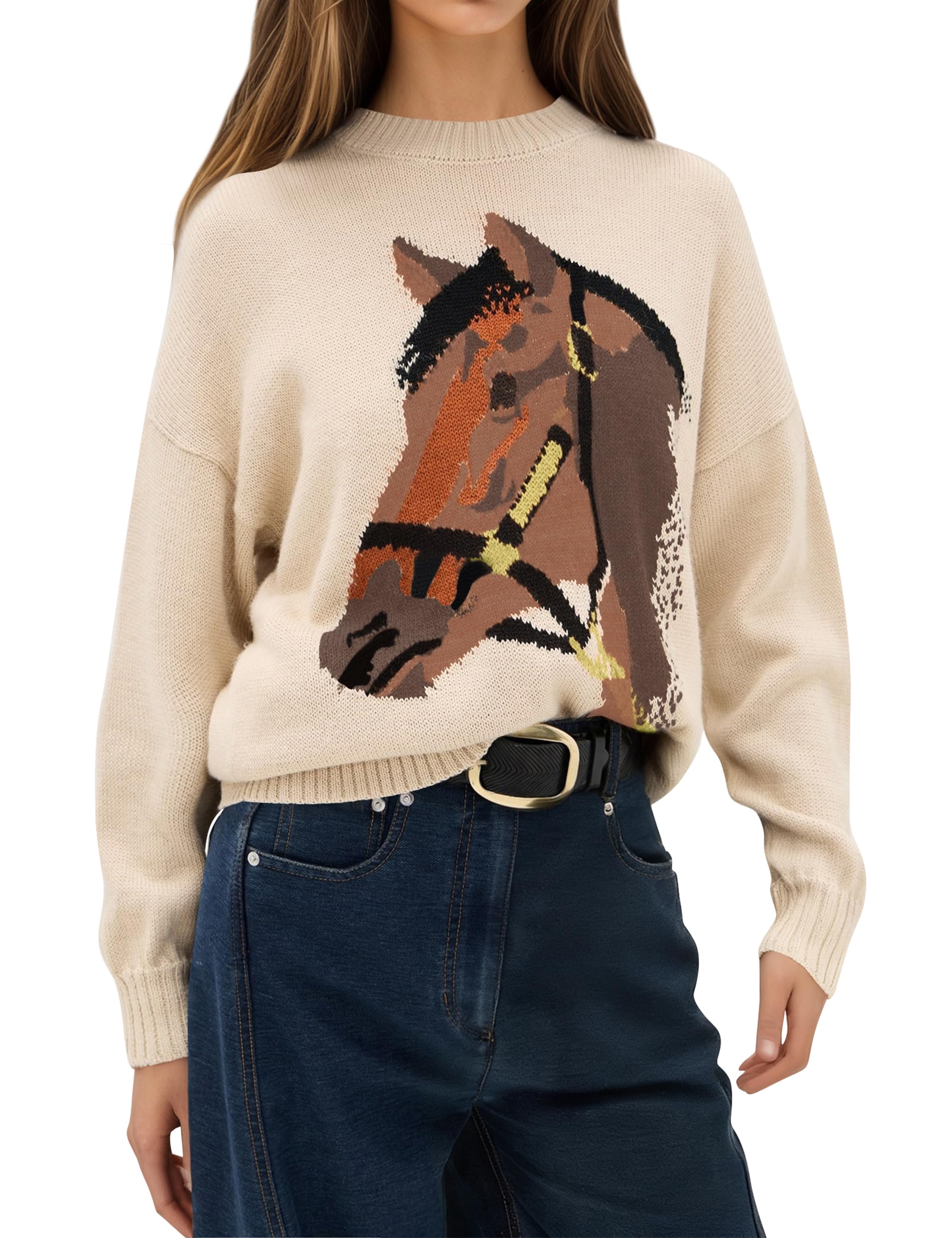 Crew Neck Horse Sweater for Women Y2k Long Sleeve Sweaters Oversized Graphic Knit Pullover Fall Winter Sweater
