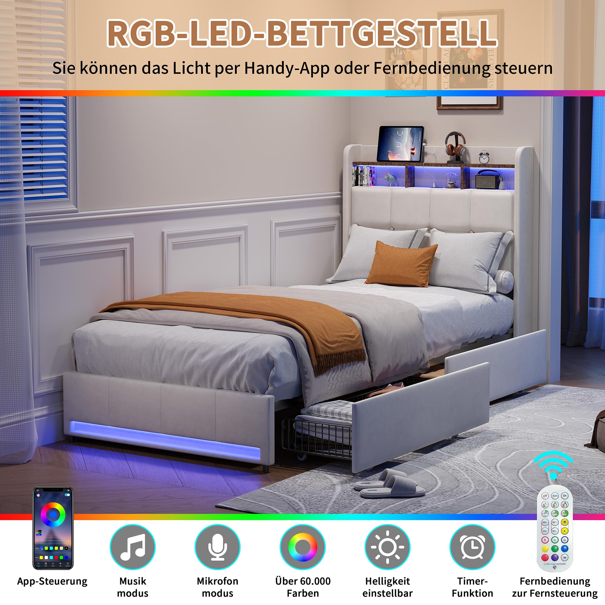 BRILVERDE Łóżko pojedyncze 90 x 200 cm ze schowkiem na szuflady, łóżko tapicerowane z diodami LED/USB, z zagłówkiem, z siatką z listew, len (beżowy, 90 x 200 cm)