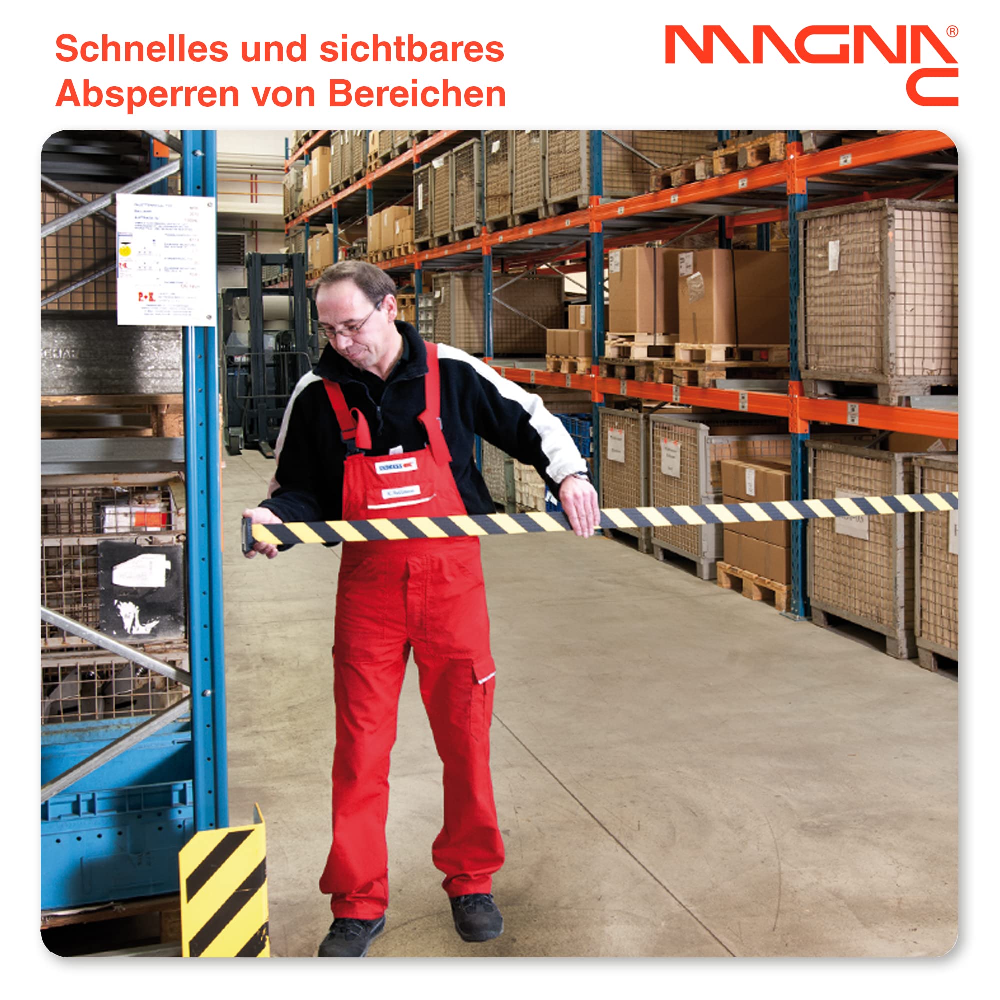 Magna-C® Absperrband mit starken Magneten | aufrollbar | Ideal für Absperrungen | Schwarz-Gelb | 7,7m