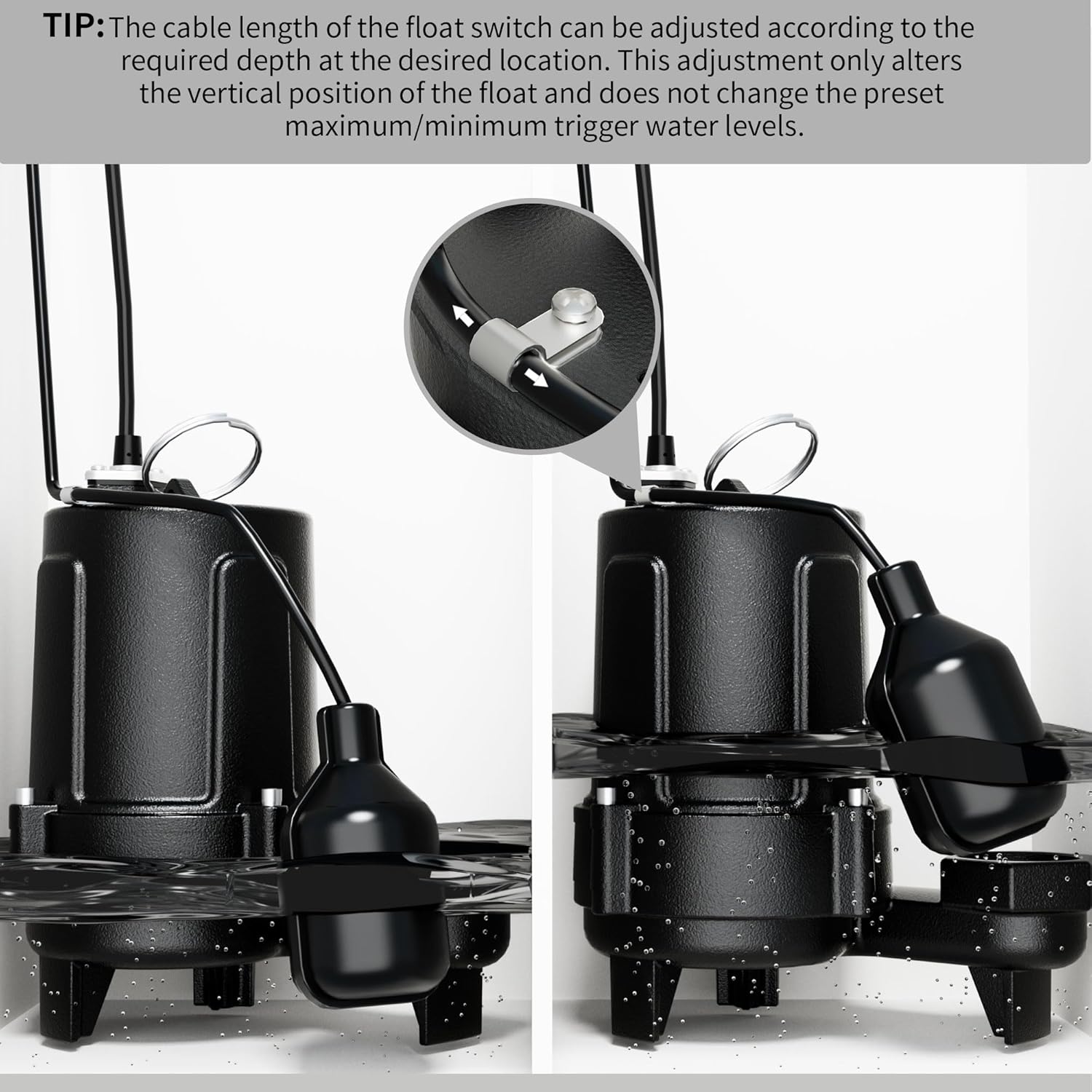 LANCHEZ 1.5 HP 53FT Submersible Sewage Pump, 4300 GPH Heavy Duty Cast Iron Effluent Pump with Automatic Tethered Float Switch, Sump Pump for Sump Basin, Basement, Residential, 2" NPT Discharge, Black