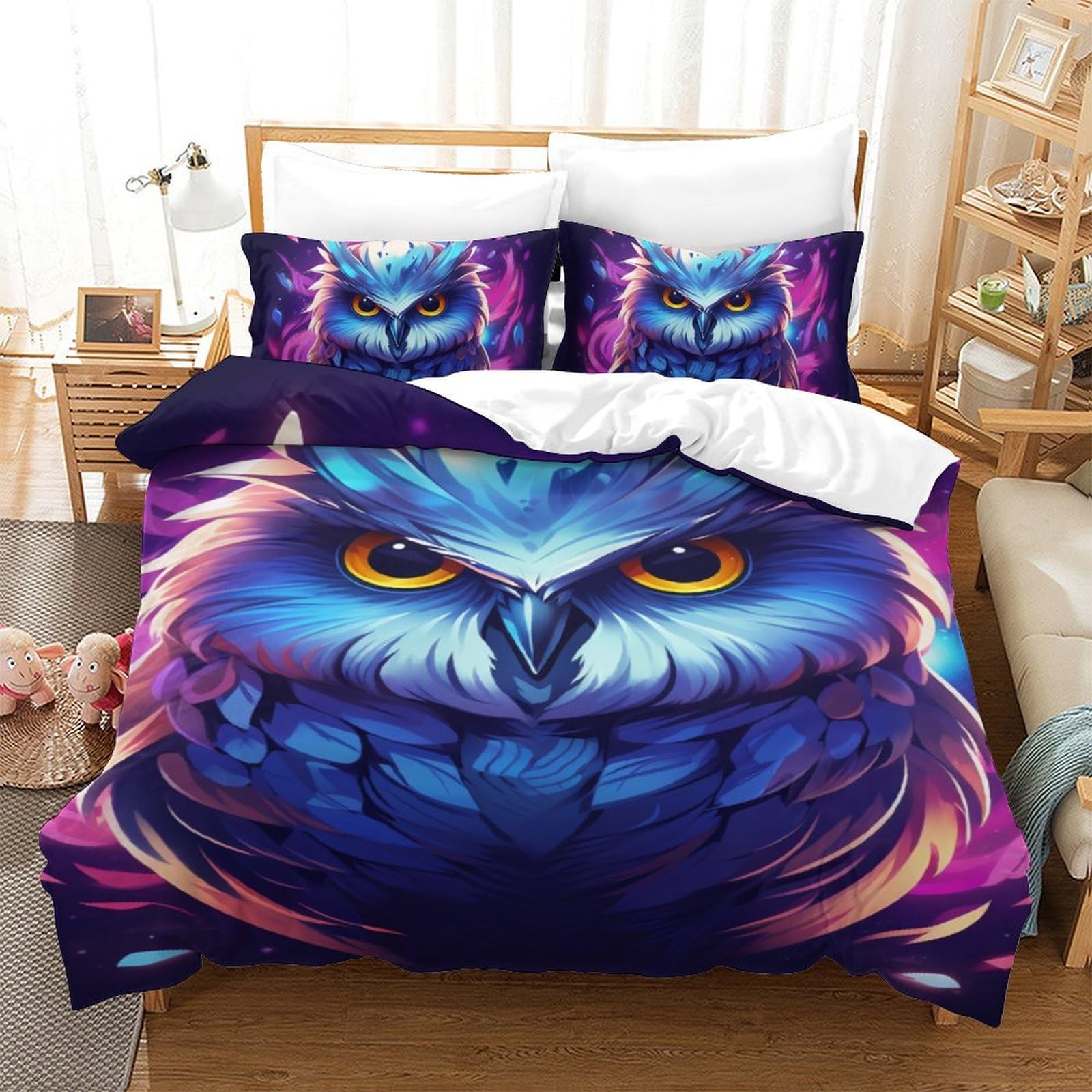 Ensemble de literie single 140x200 cm et parure de lit 3 pièces motif chouette 3D